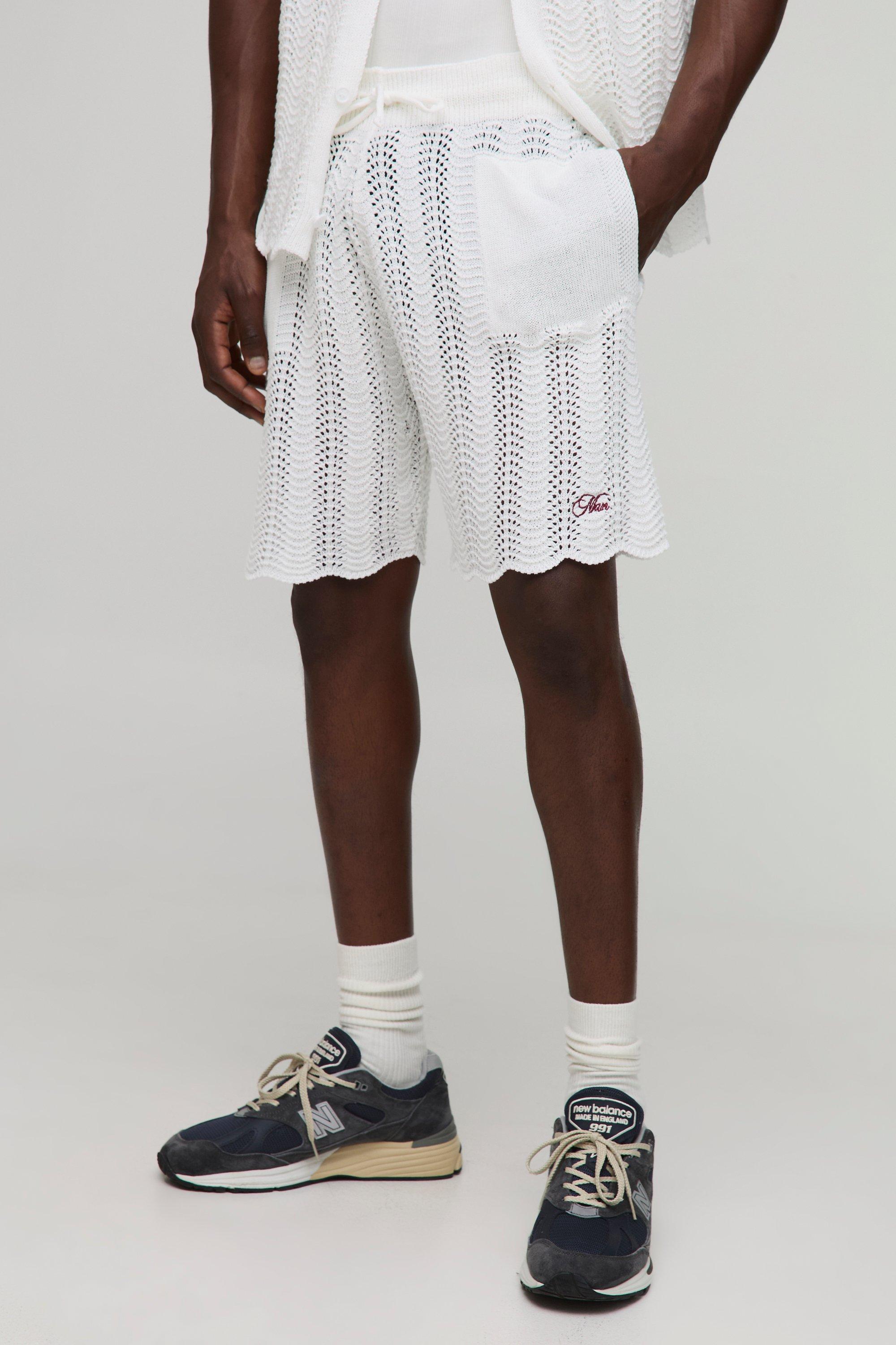 Image of Pantaloncini rilassati Man in maglia all'uncinetto con ricami ondulati, Bianco