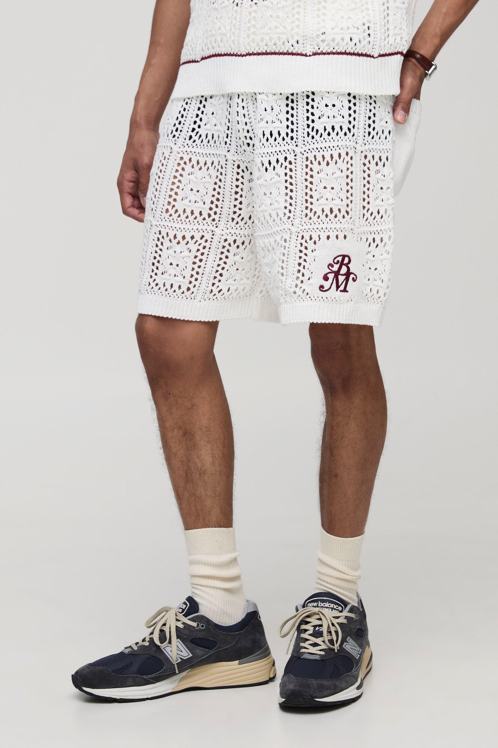 Image of Pantaloncini rilassati Man in maglia all'uncinetto con ricami, Cream