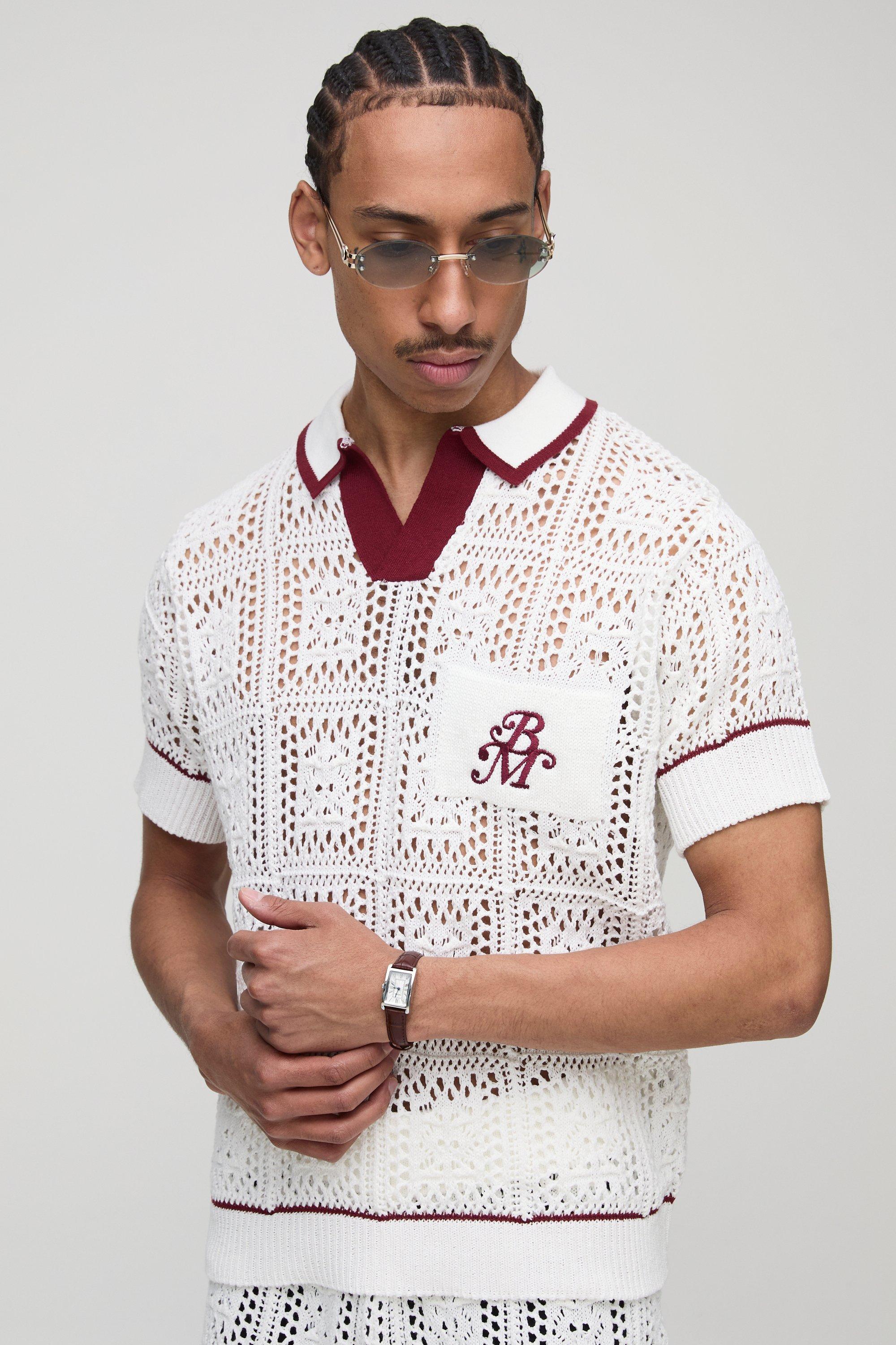 Image of Polo squadrata MAN in maglia all'uncinetto con ricami, Cream