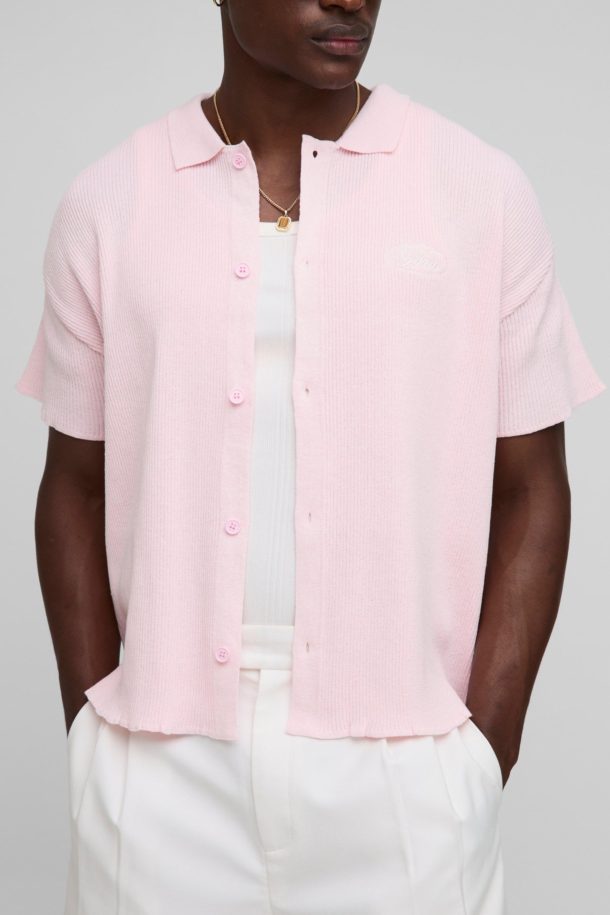 Mens Pink MAN Boxy Rib Knitted Shirt, Pink