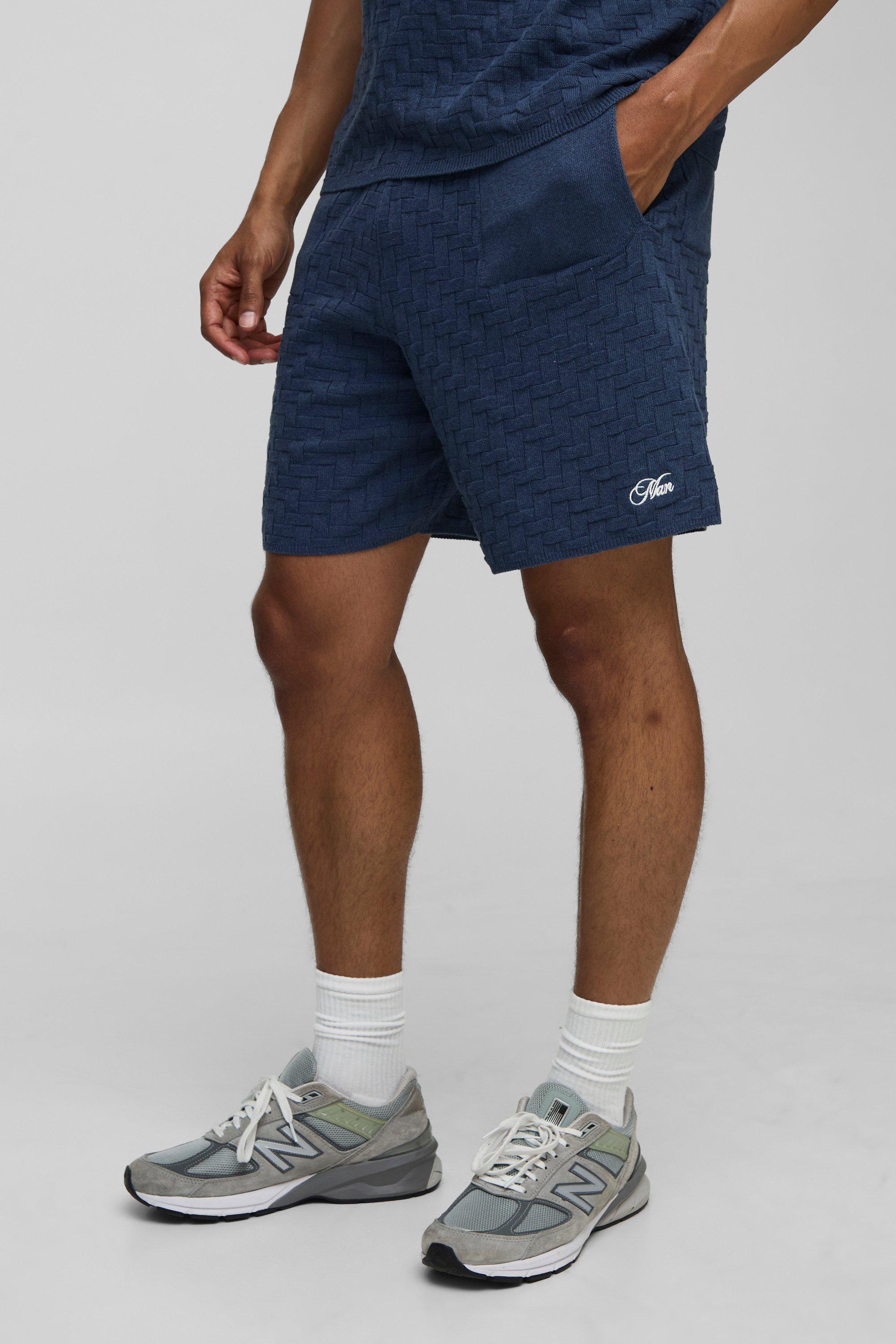 Image of Pantaloncini rilassati MAN in maglia con ricamo di tratteggio incrociato, Navy