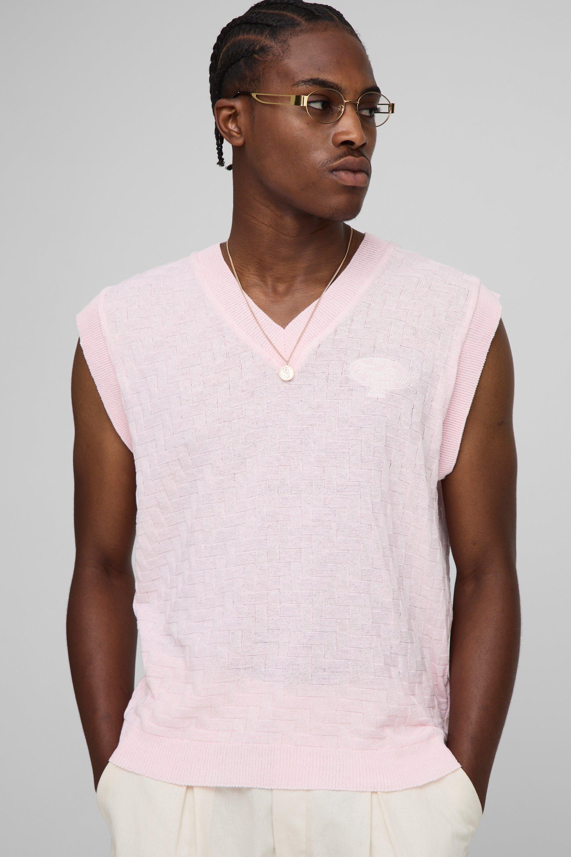 Image of Canotta squadrata Regular Fit in maglia con ricami e campiture incrociate, Pink