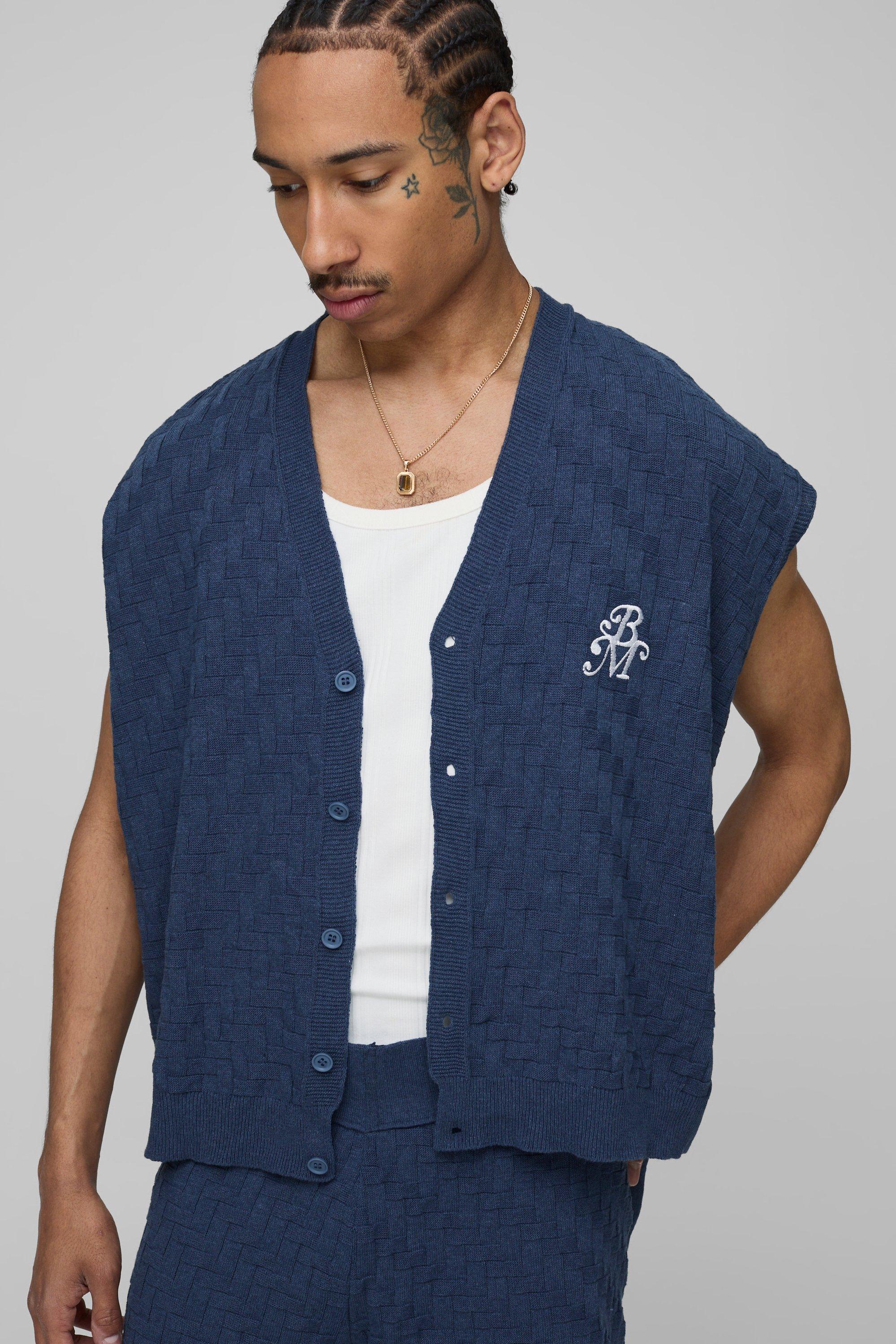 Mens Navy BM Embroidered Regular Fit Crosshatch Knitted Button Up Vest, Navy