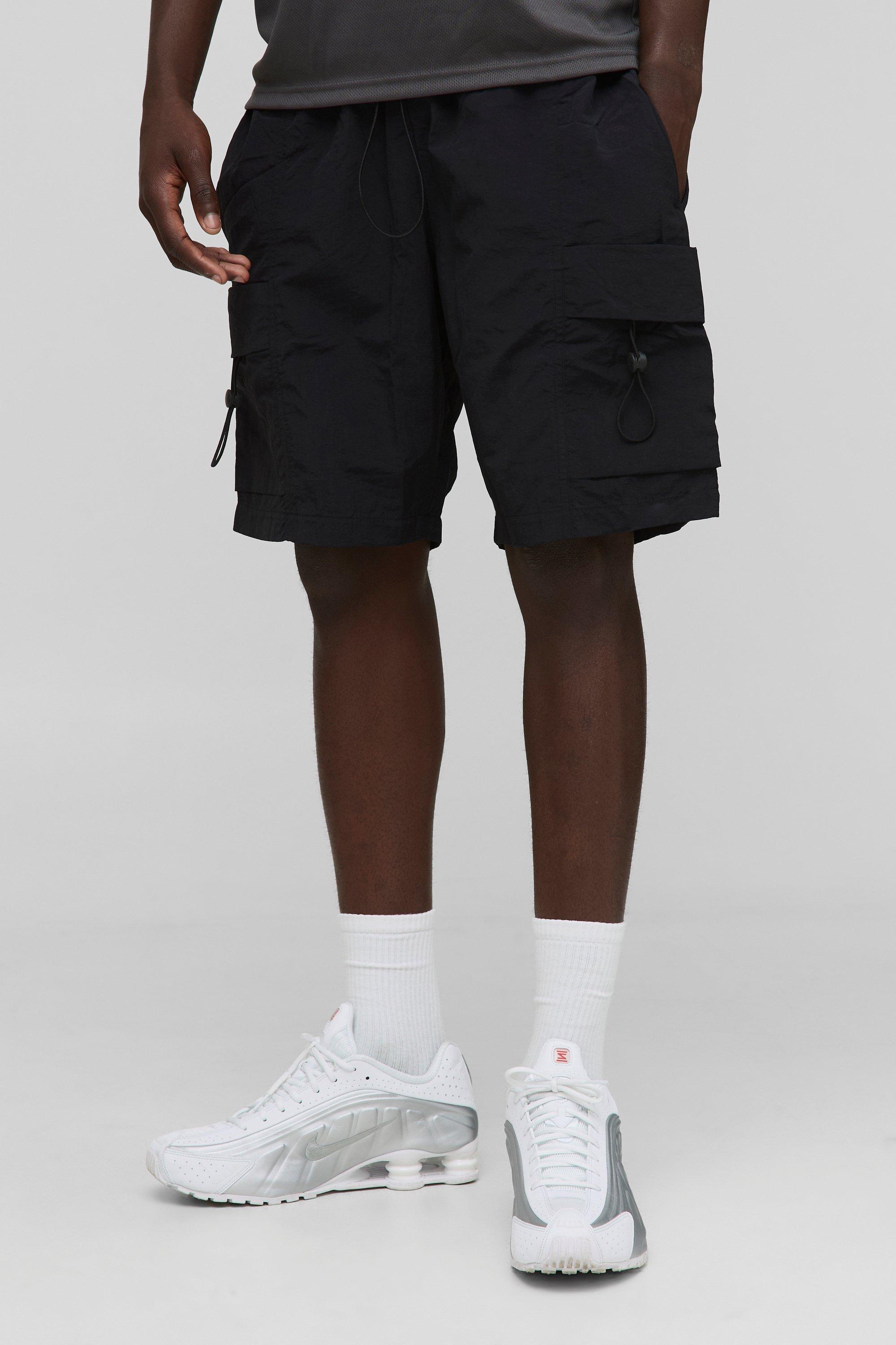 Elasticated Waist Baggy Fit Crinkle Nylon Cargo Shorts