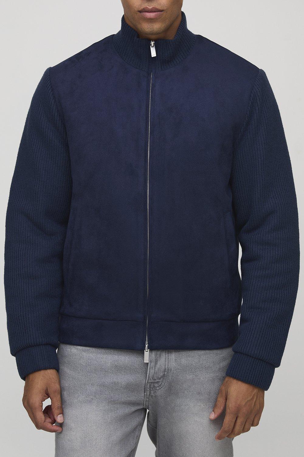 Regular Fit Textured Sleeve Faux Suede Funnel Neck Jacket