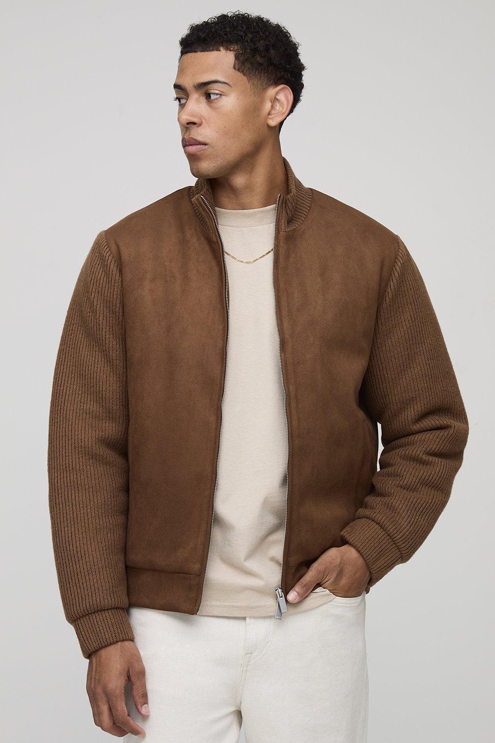 Image of Regular Fit Textured Sleeve Faux Suede Funnel Neck Jacket, Brown
