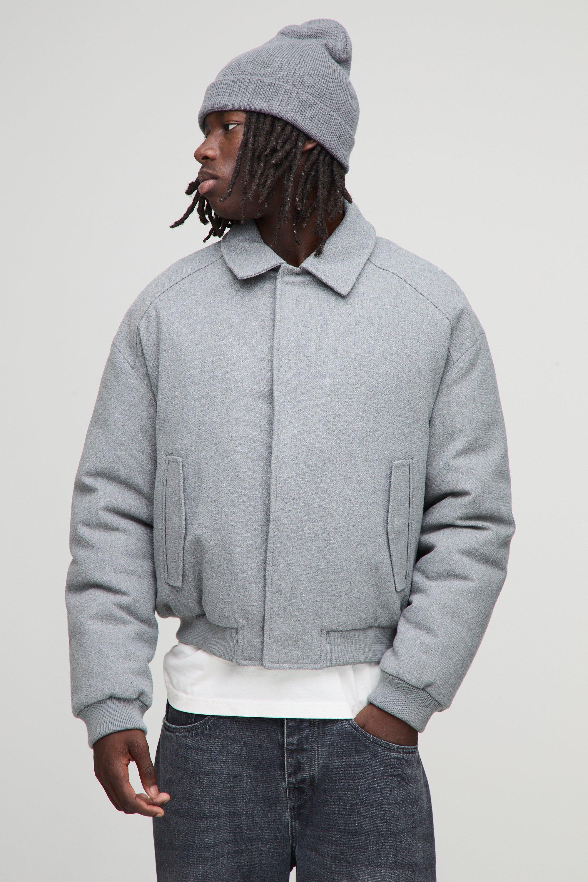 Image of Regular Fit Melton Mono Padded Collared Bomber Jacket, Grigio