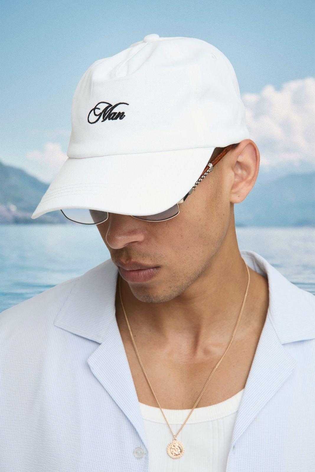 Mens Cream MAN Twill Embroidered Cap, Cream