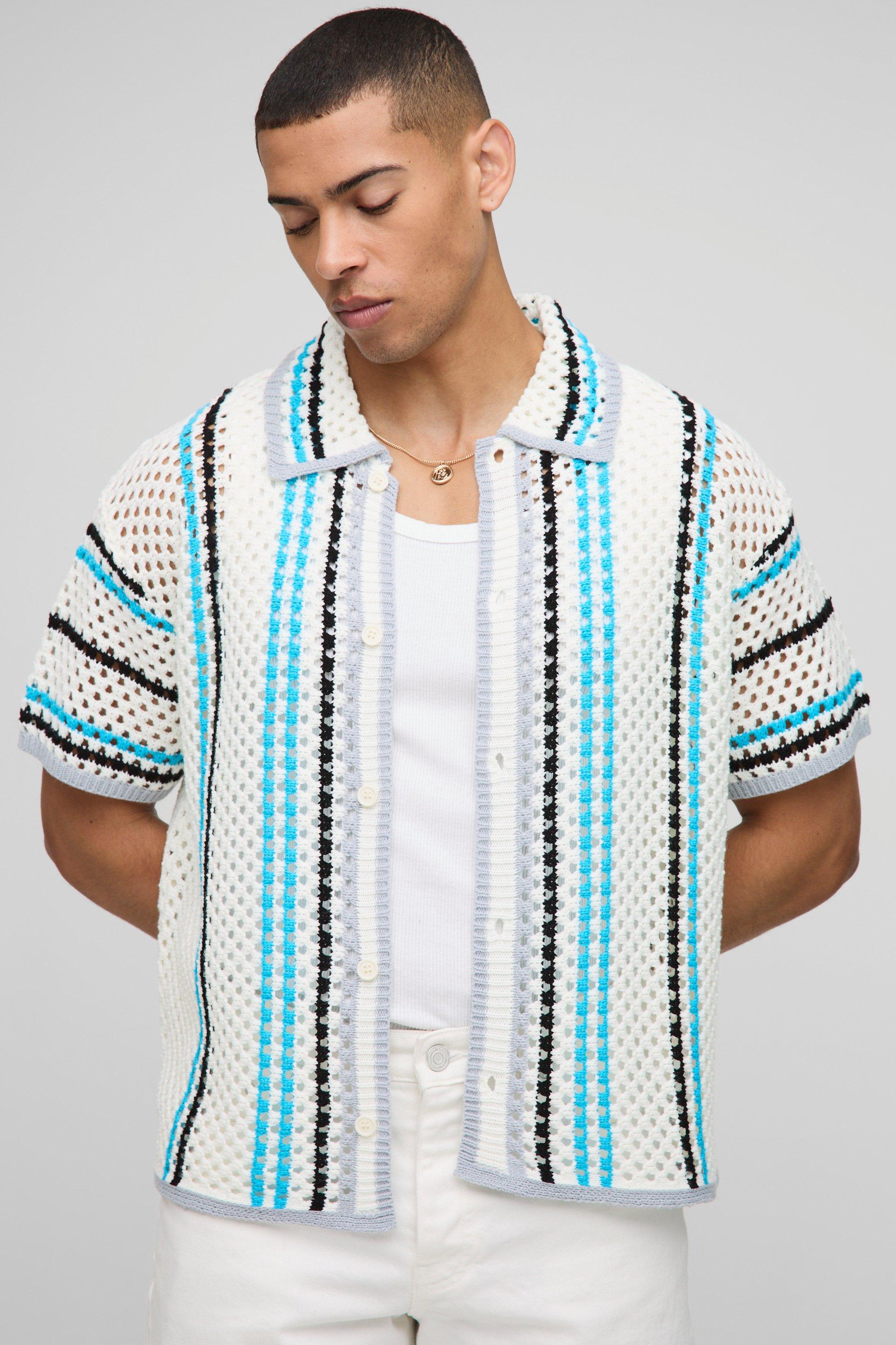 Oversized Boxy Open Knit Stripe Shirt
