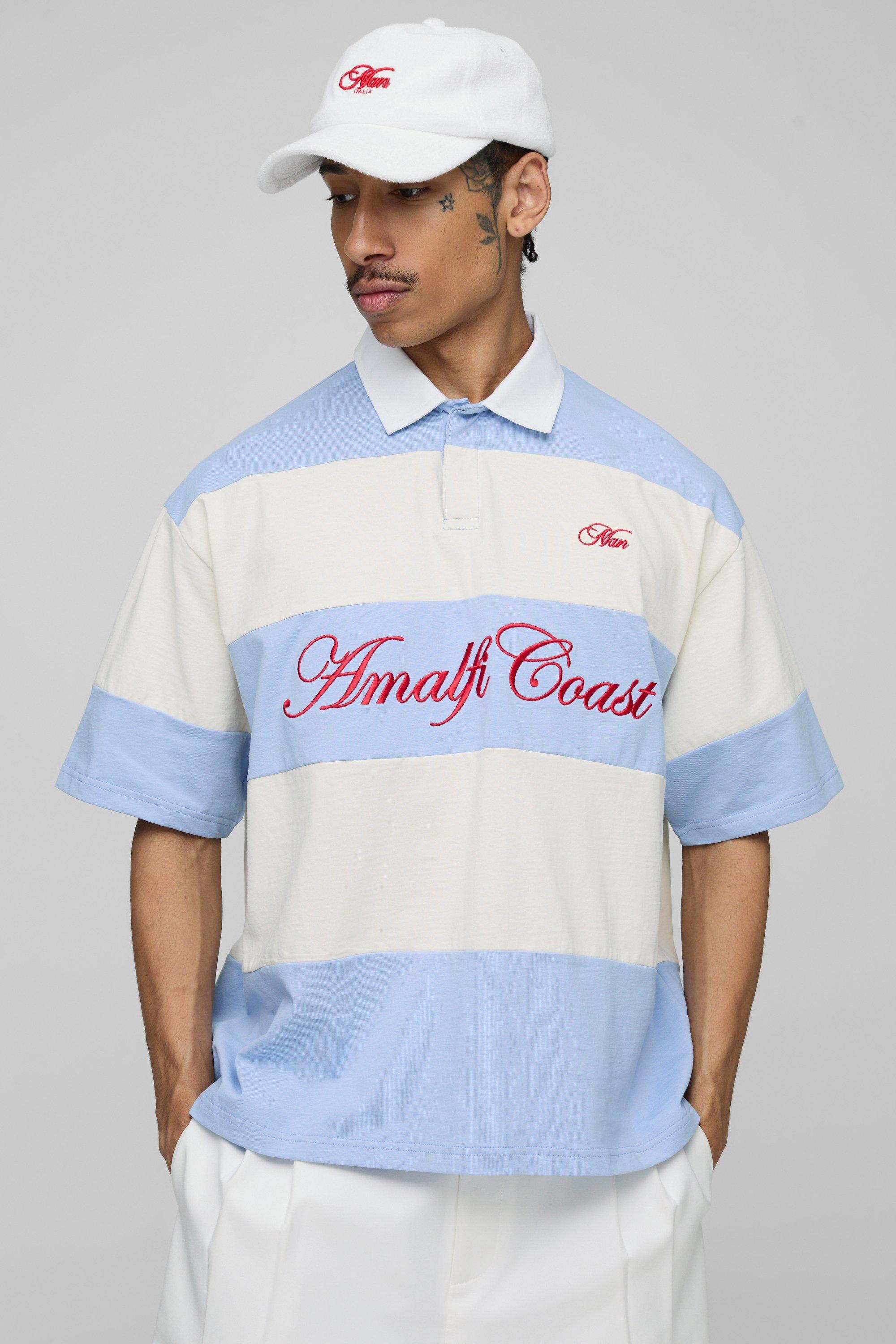 Mens Blue Oversized Amalfi Striped Rugby Polo, Blue