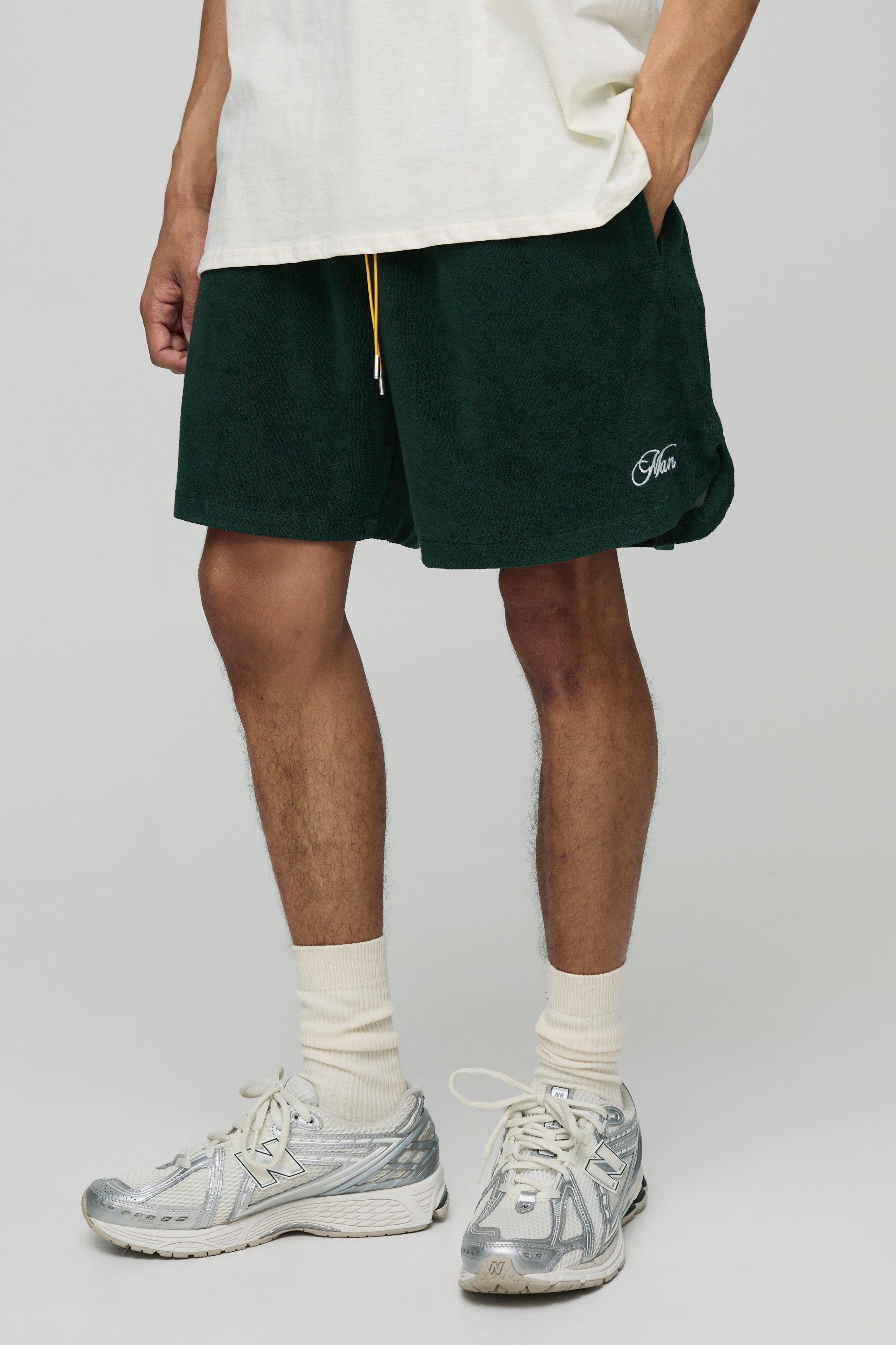 Mens Green Boxy Fit Man Embroidered Towelling Shorts, Green