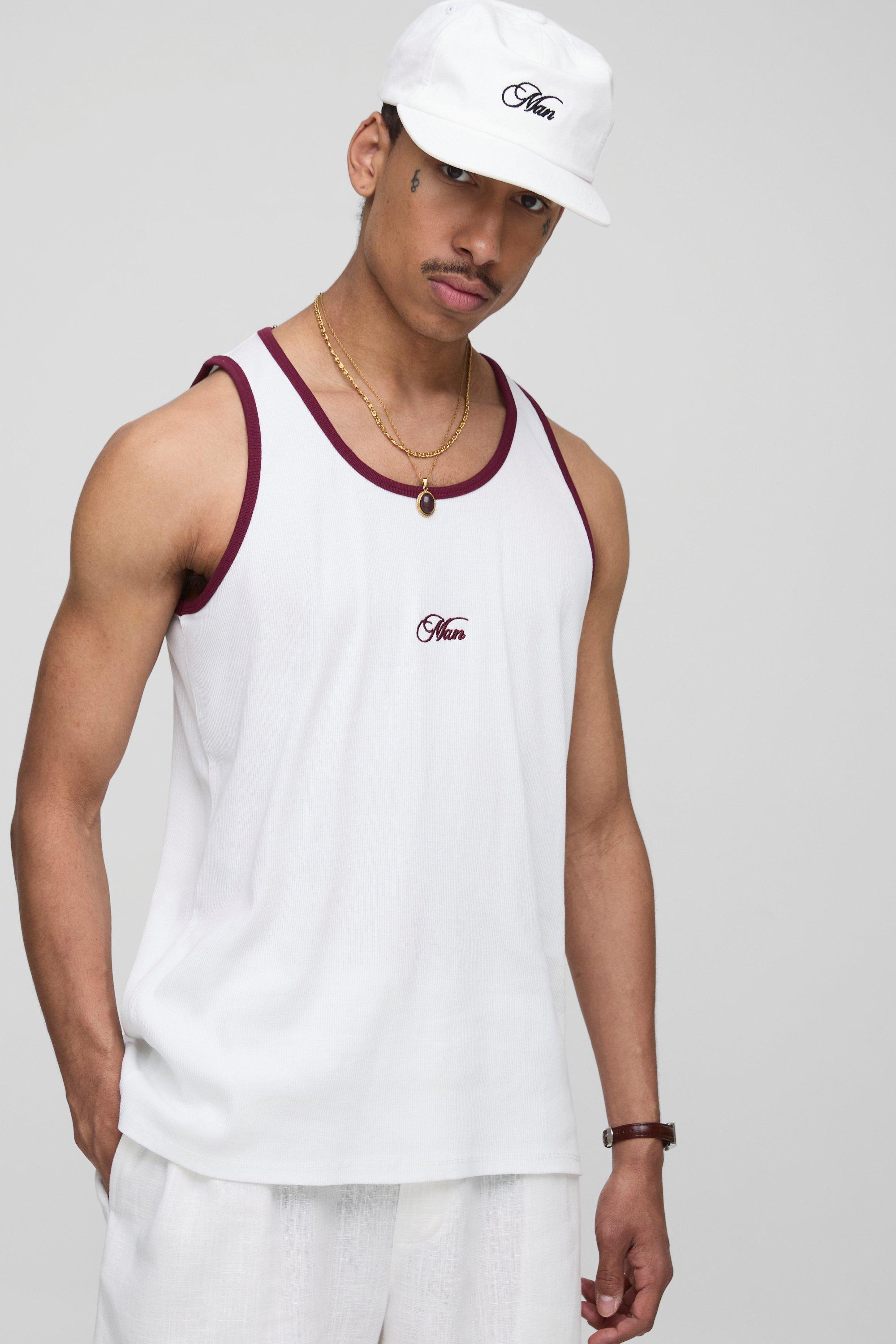 Mens White Regular Fit Man Embroidered Rib Ringer Vest, White