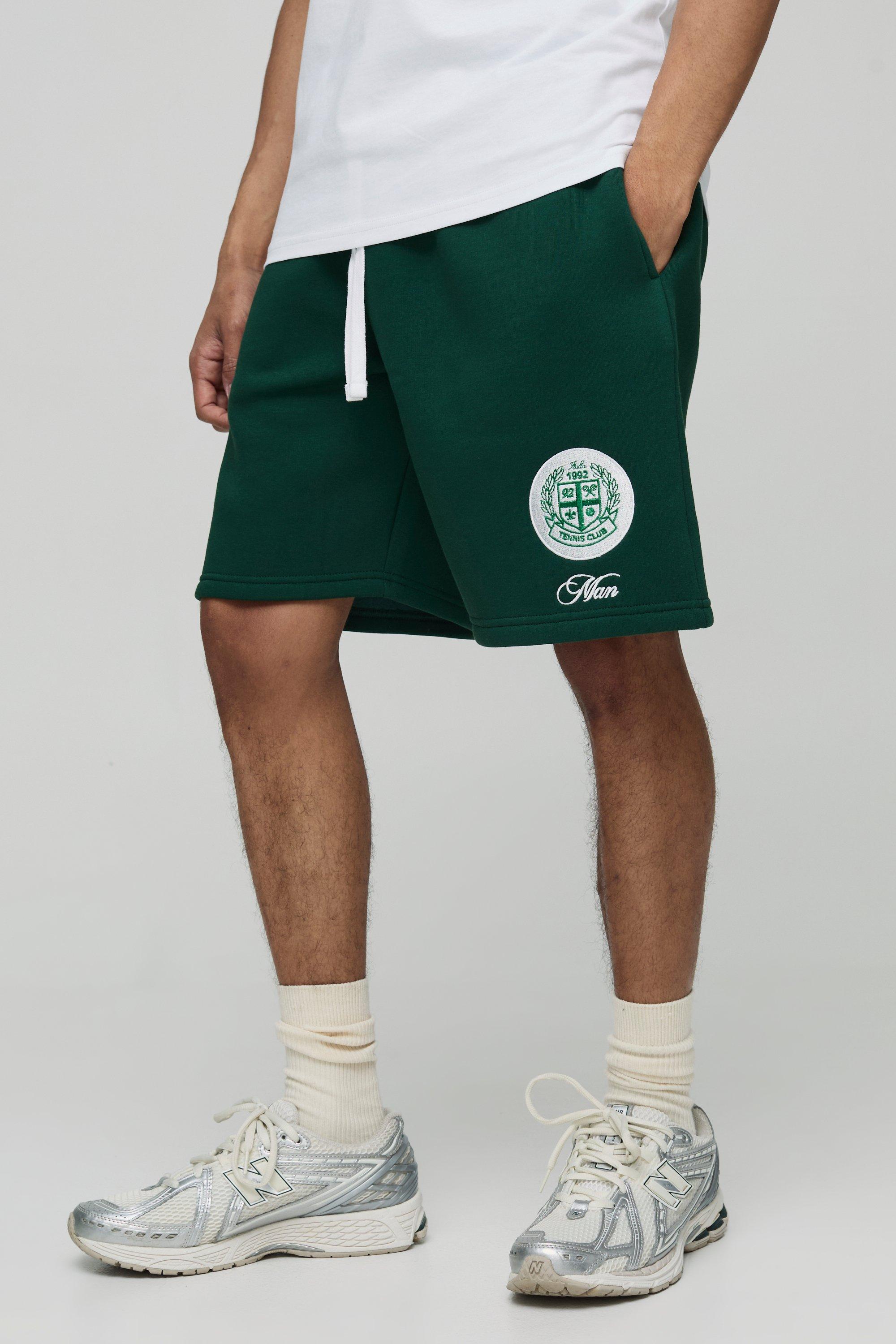 Mens Green Relaxed Fit Man Embroidered Mid Length Shorts, Green