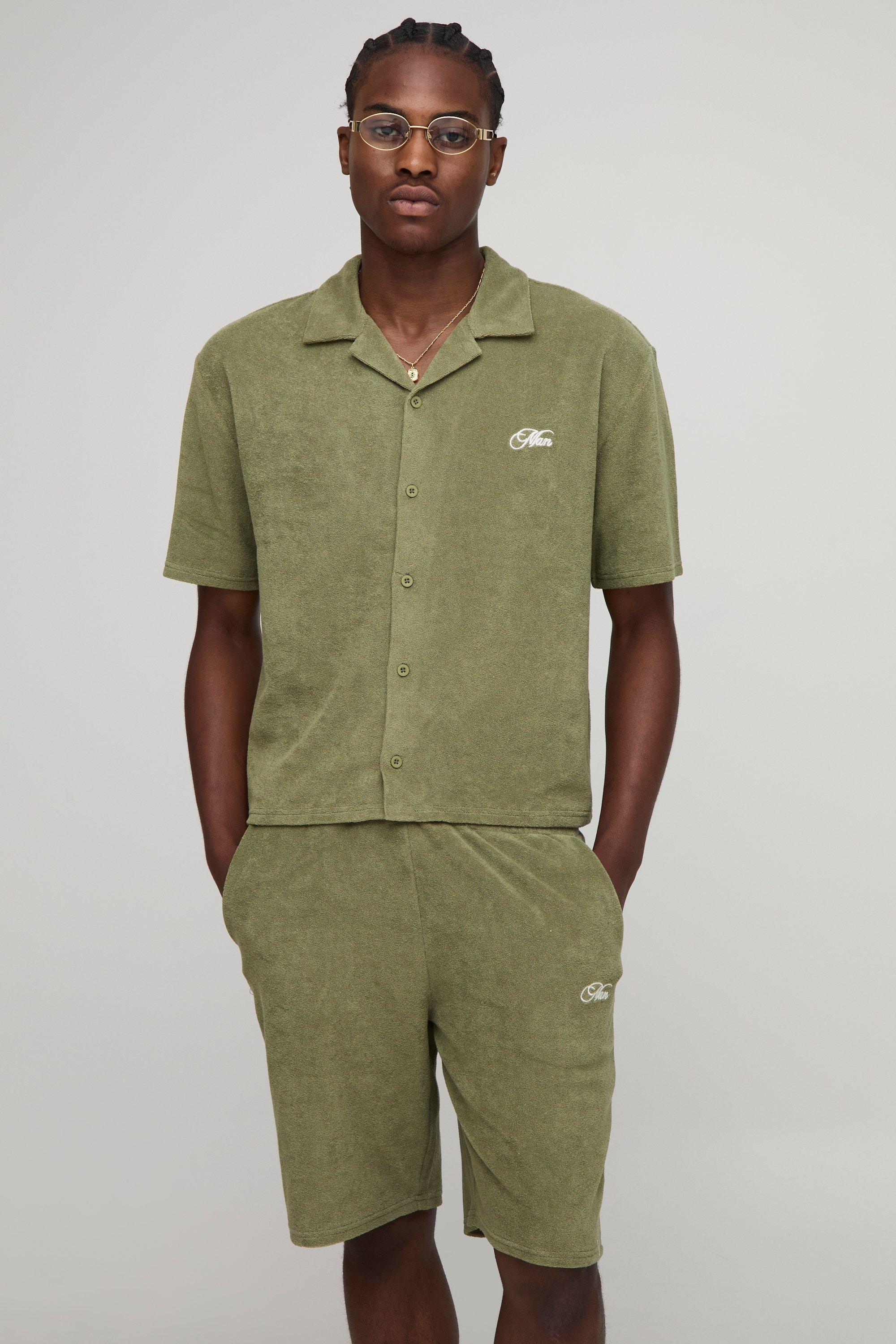 Image of Oversized Boxy Revere Man Embroidered Towelling Shirt & Short Set, Verde