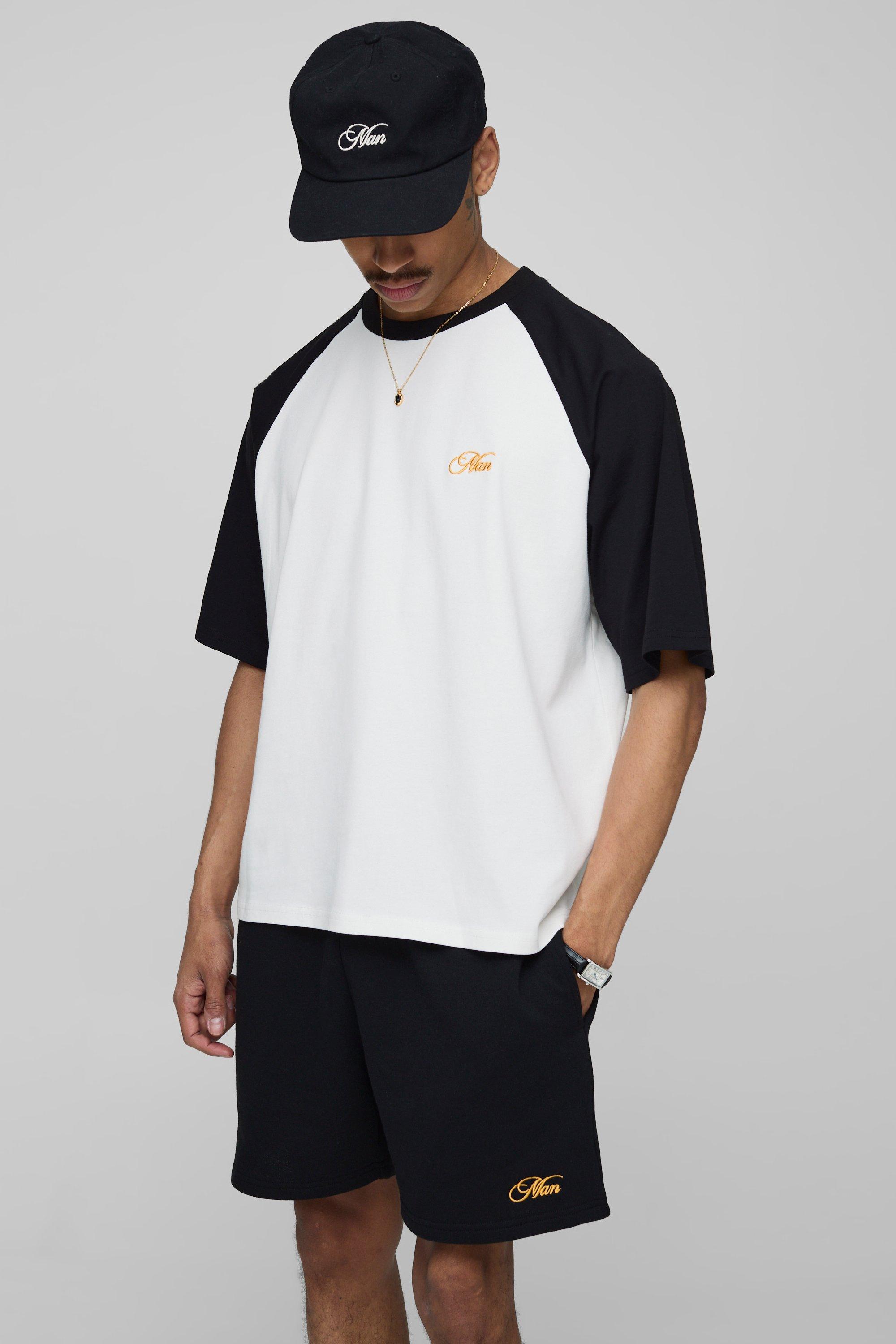 Mens Black Oversized Boxy Man Raglan T-Shirt & Short Set, Black