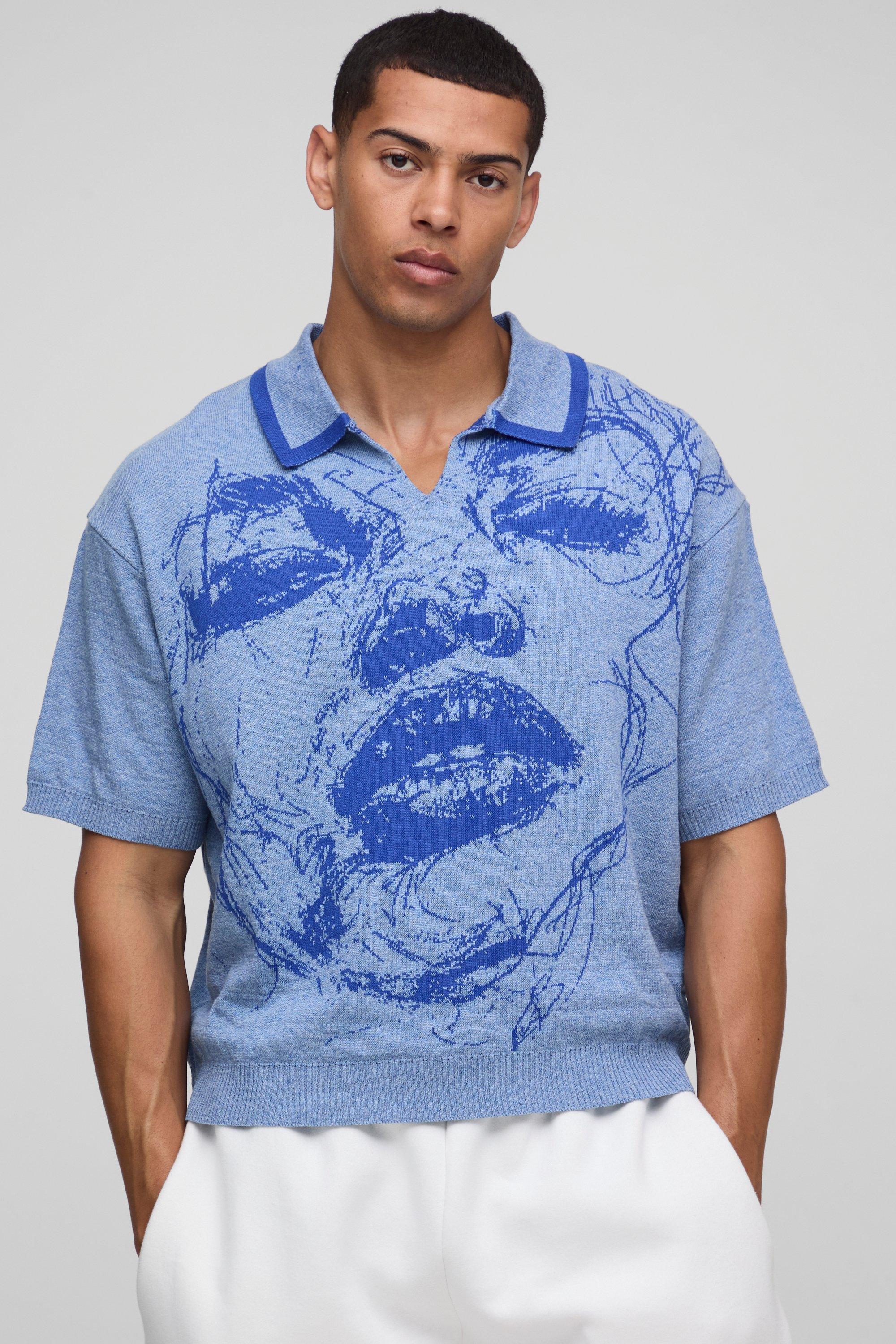 Image of Polo oversize in maglia in jacquard con Smiley, Azzurro