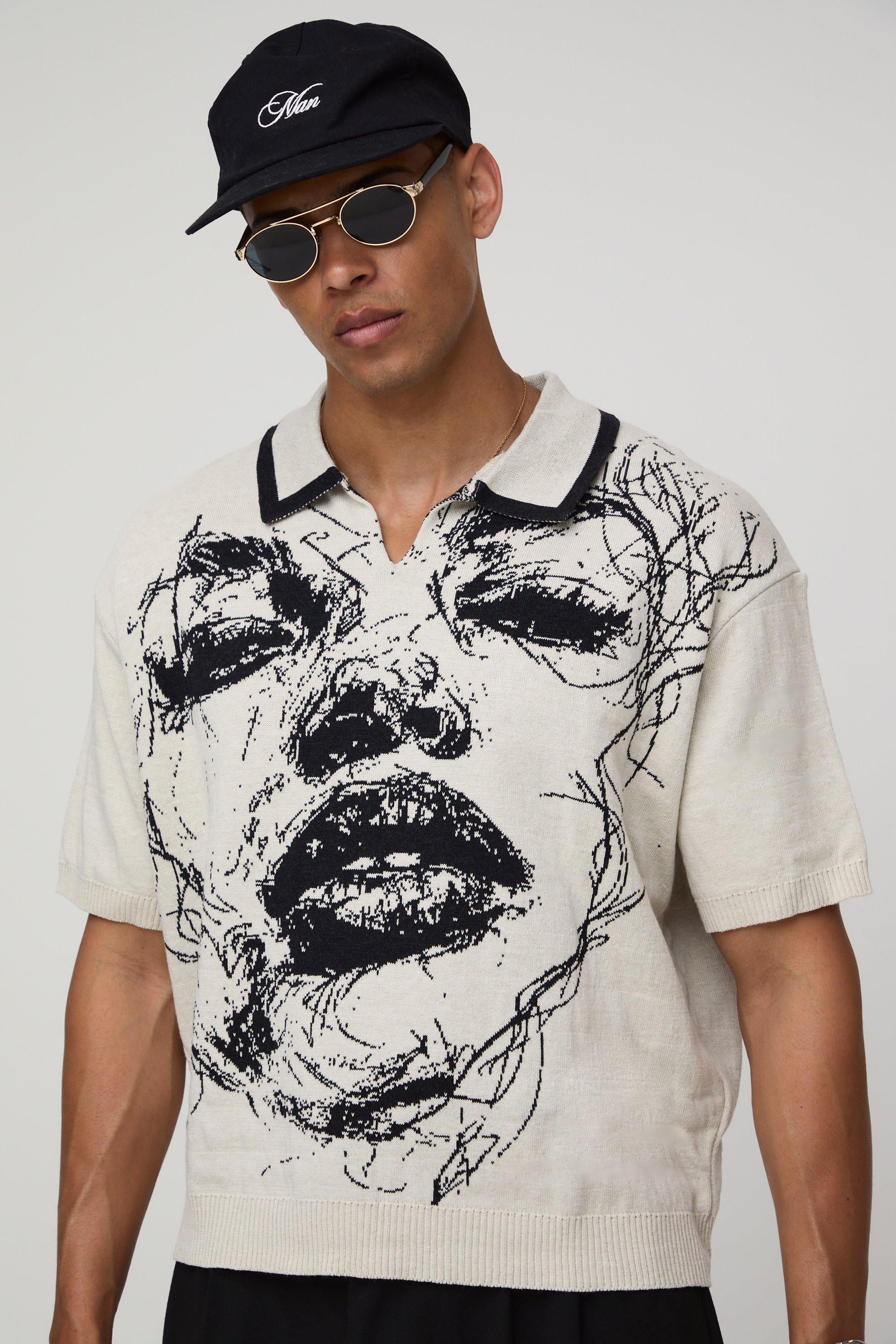 Image of Polo oversize in maglia in jacquard con Smiley, Beige