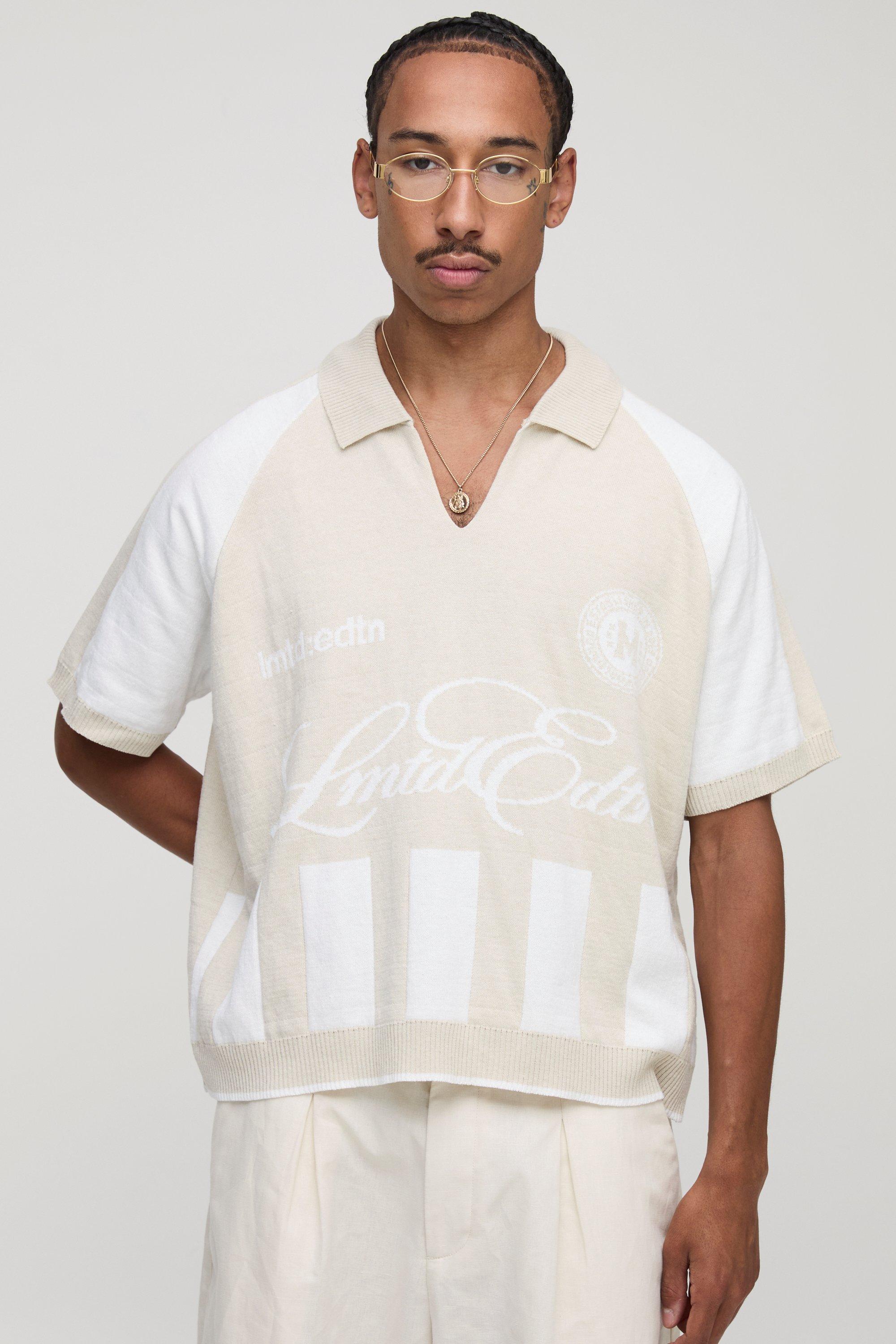 Mens Cream Limited Edition Oversized Boxy Moto Jacquard Knitted Polo, Cream