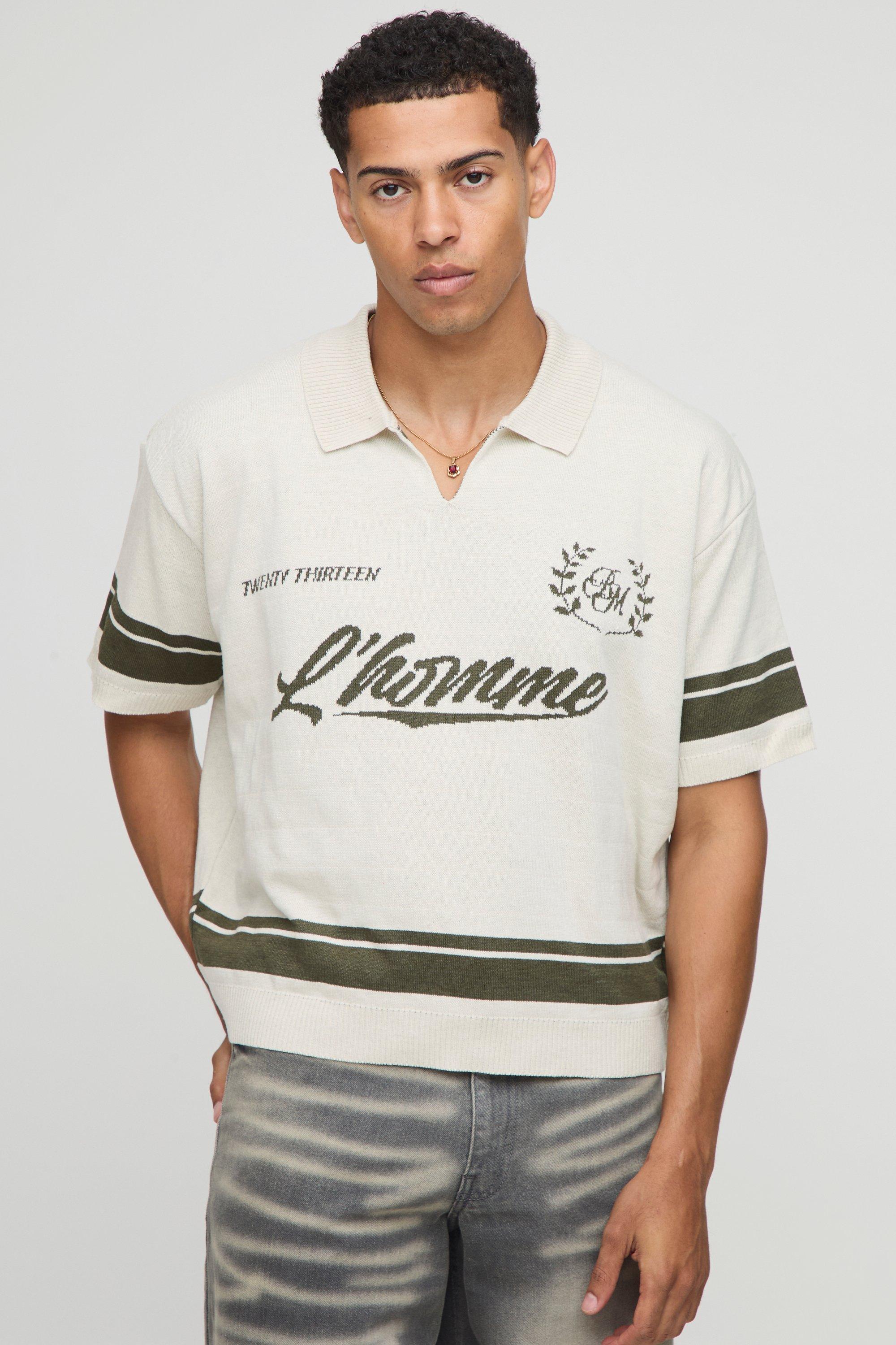 Image of Polo squadrata oversize Homme in maglia in jacquard da moto, Cream