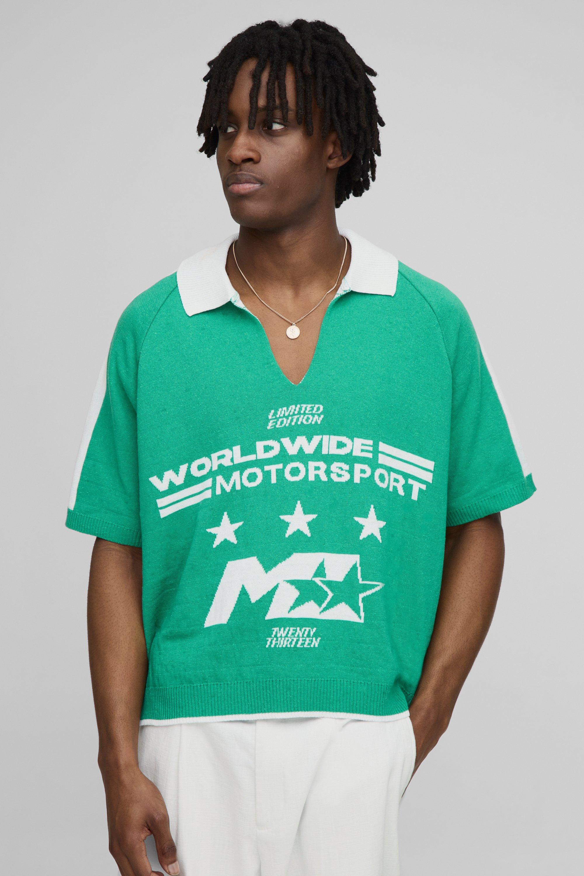 Image of Polo squadrata oversize Worldwide in maglia in jacquard da moto, Verde