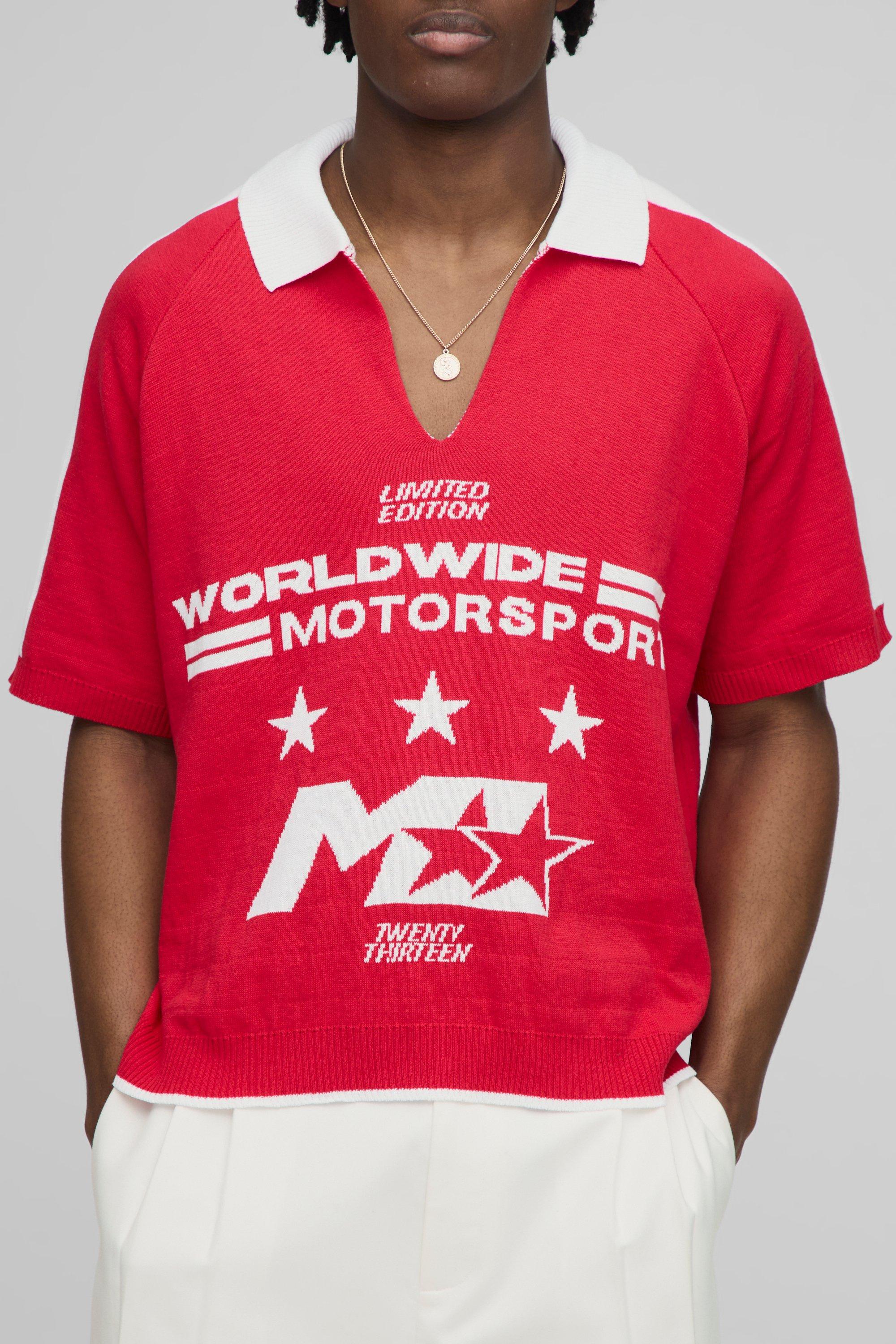 Image of Polo squadrata oversize Worldwide in maglia in jacquard da moto, Rosso