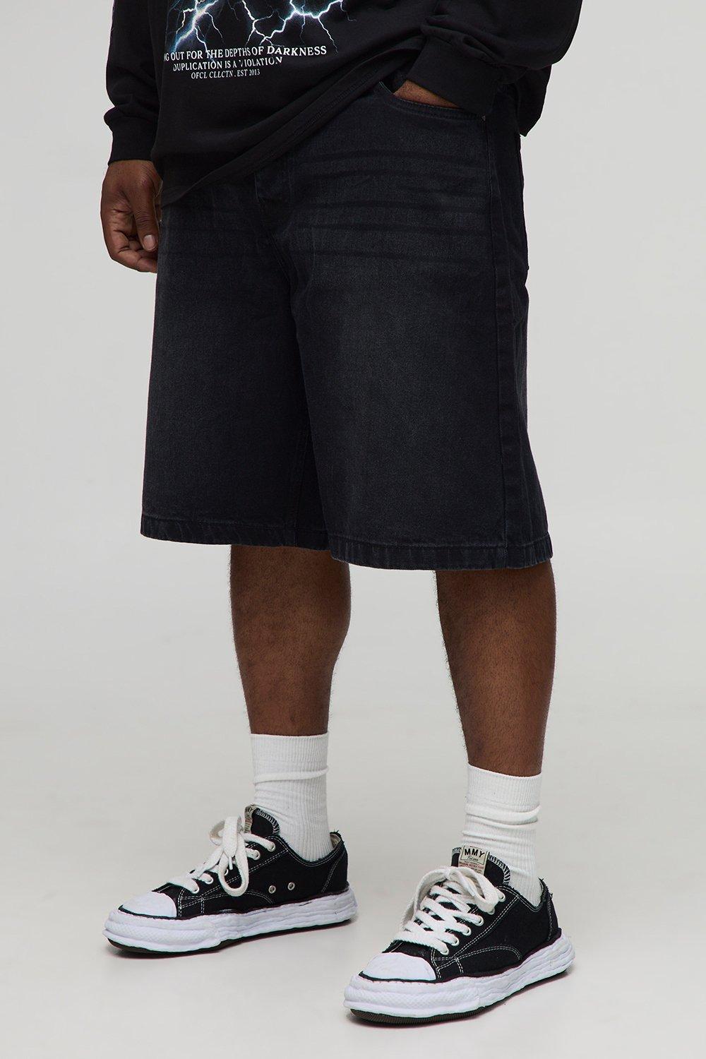Mens Black Plus Relaxed Fit Jorts with Pleat Waist Detail, Black