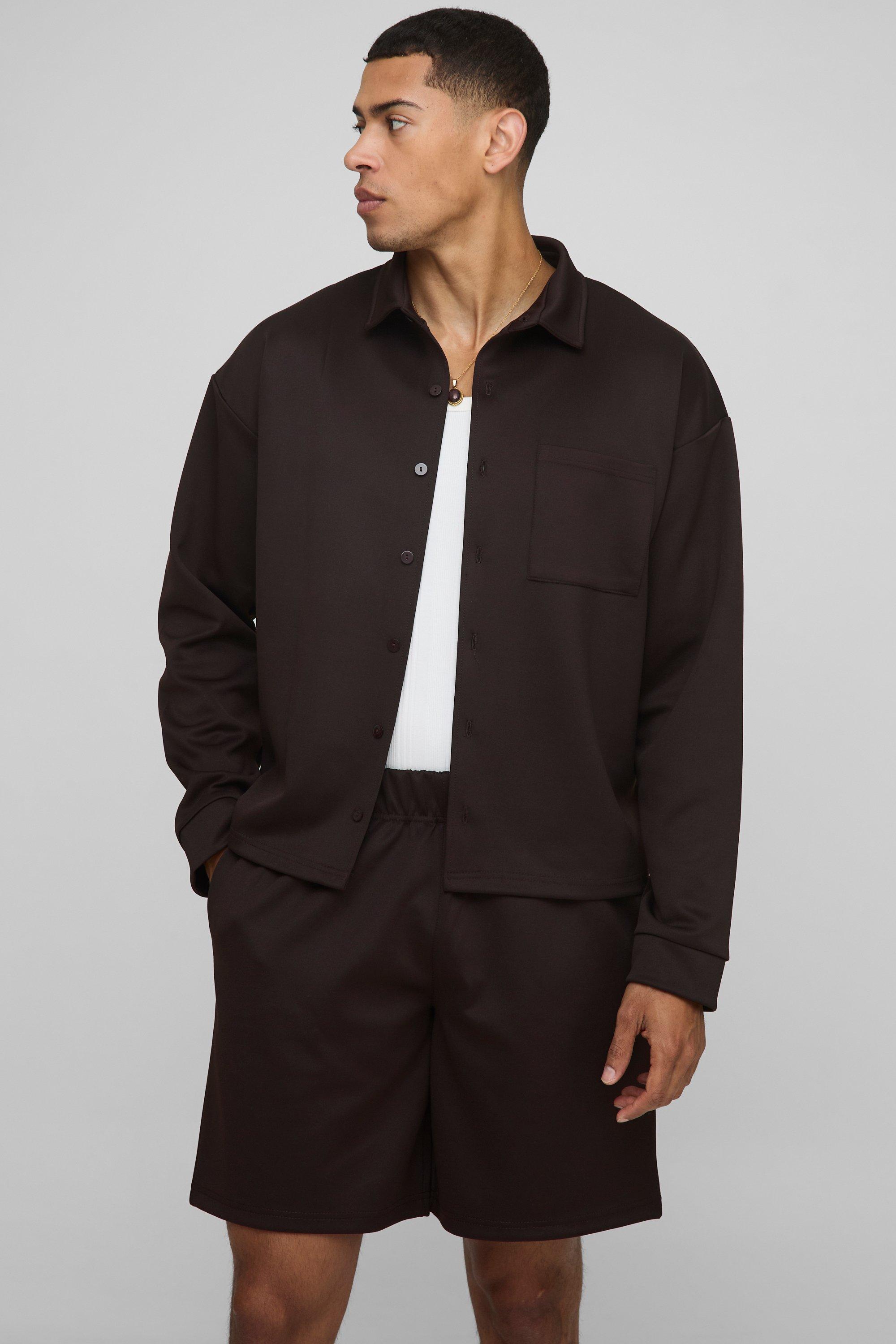 Mens Brown Oversized Scuba Shirt and Relaxed Short Set, Brown