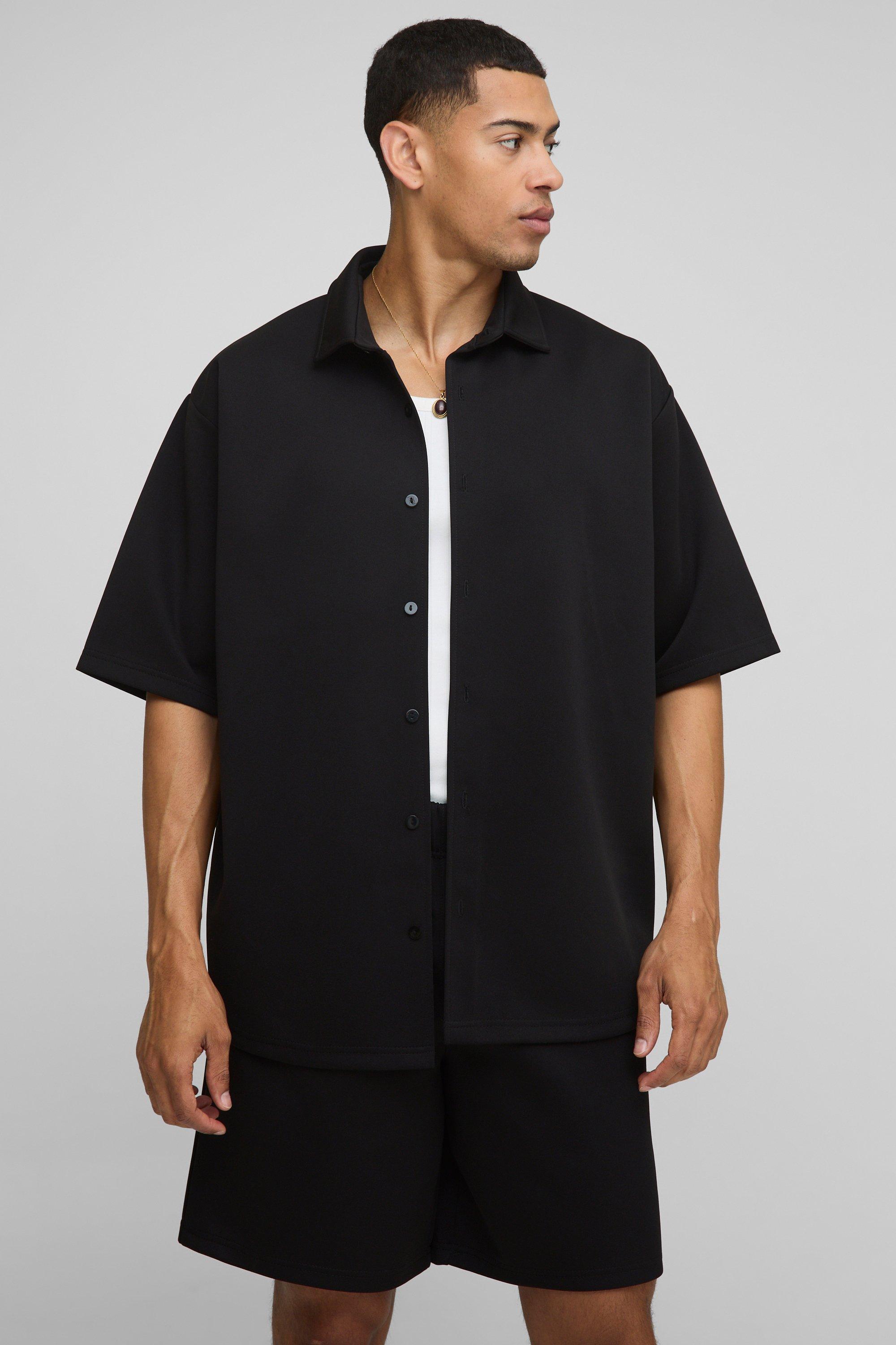 Mens Black Oversized Scuba Collared Shirt and Short Set, Black