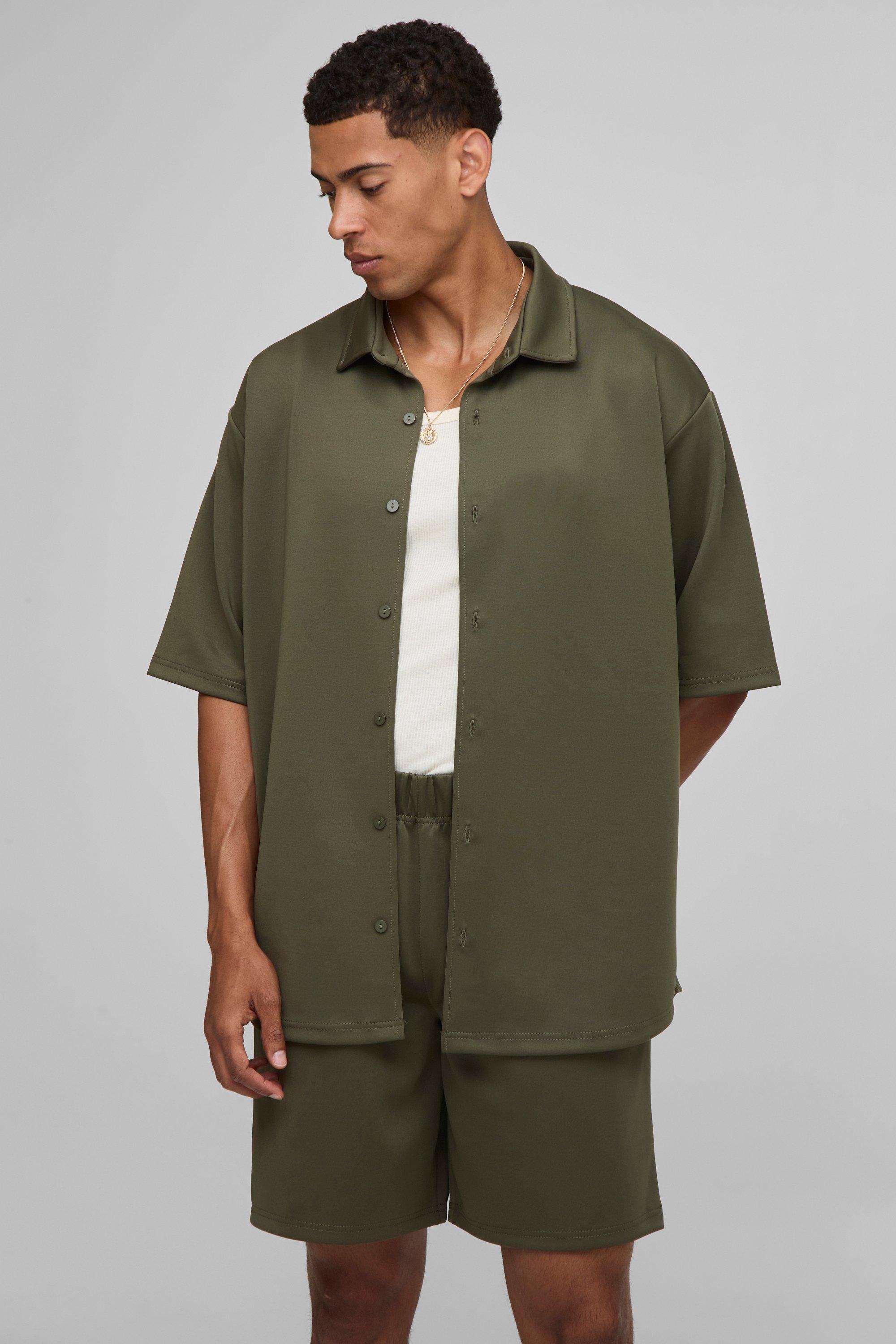 Mens Green Oversized Scuba Collared Shirt and Short Set, Green