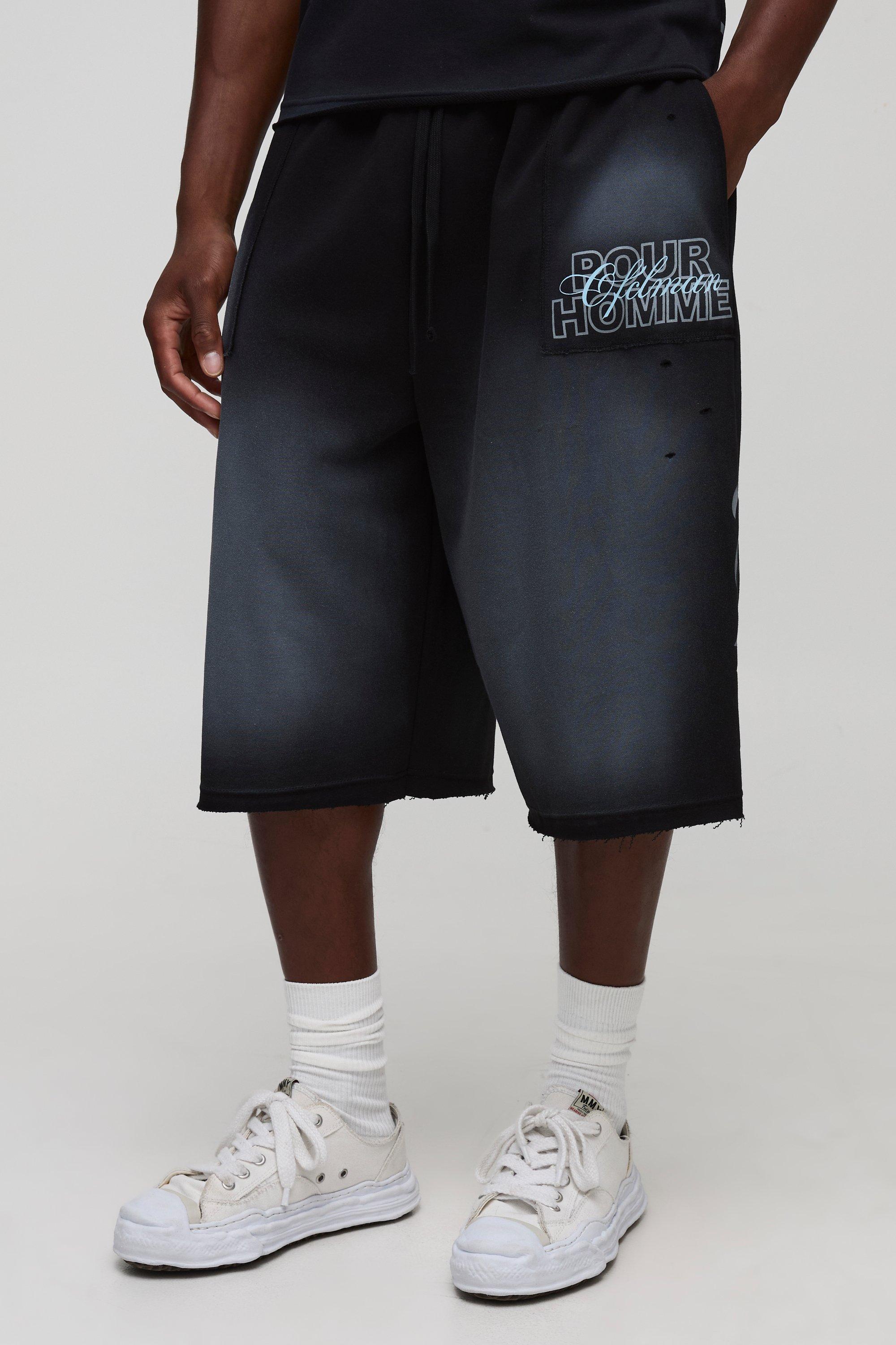 Mens Black Relaxed Flame Graphic Washed Distressed Jorts, Black