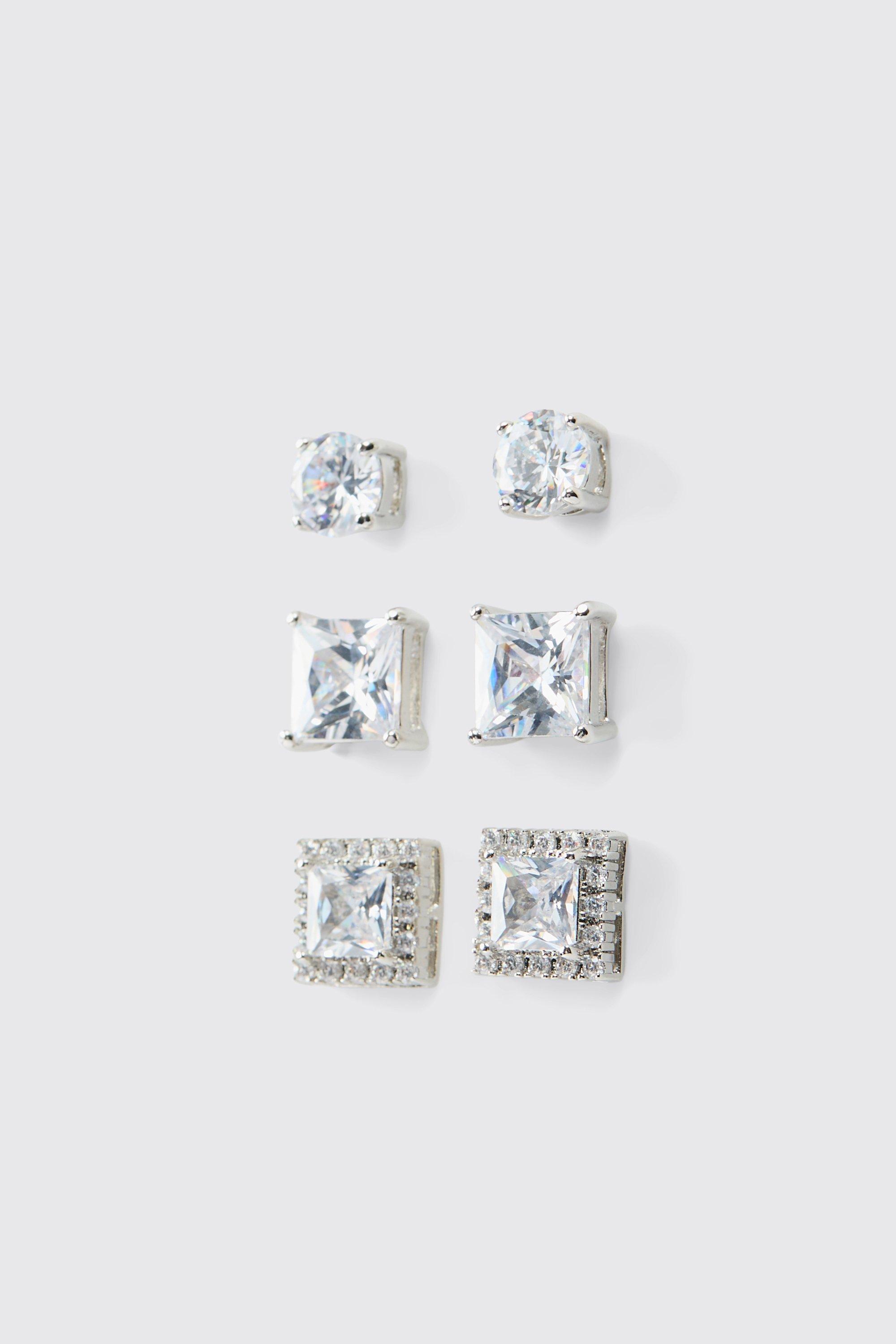 Mens Grey 3 Pack Diamante Earrings Pack, Grey