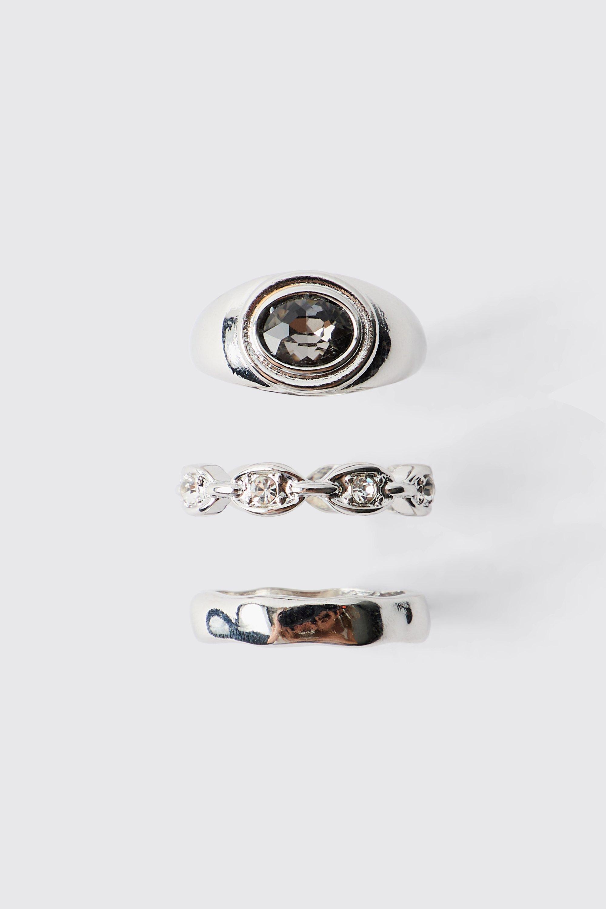 Mens Grey 3 Pack Silver Ring, Grey
