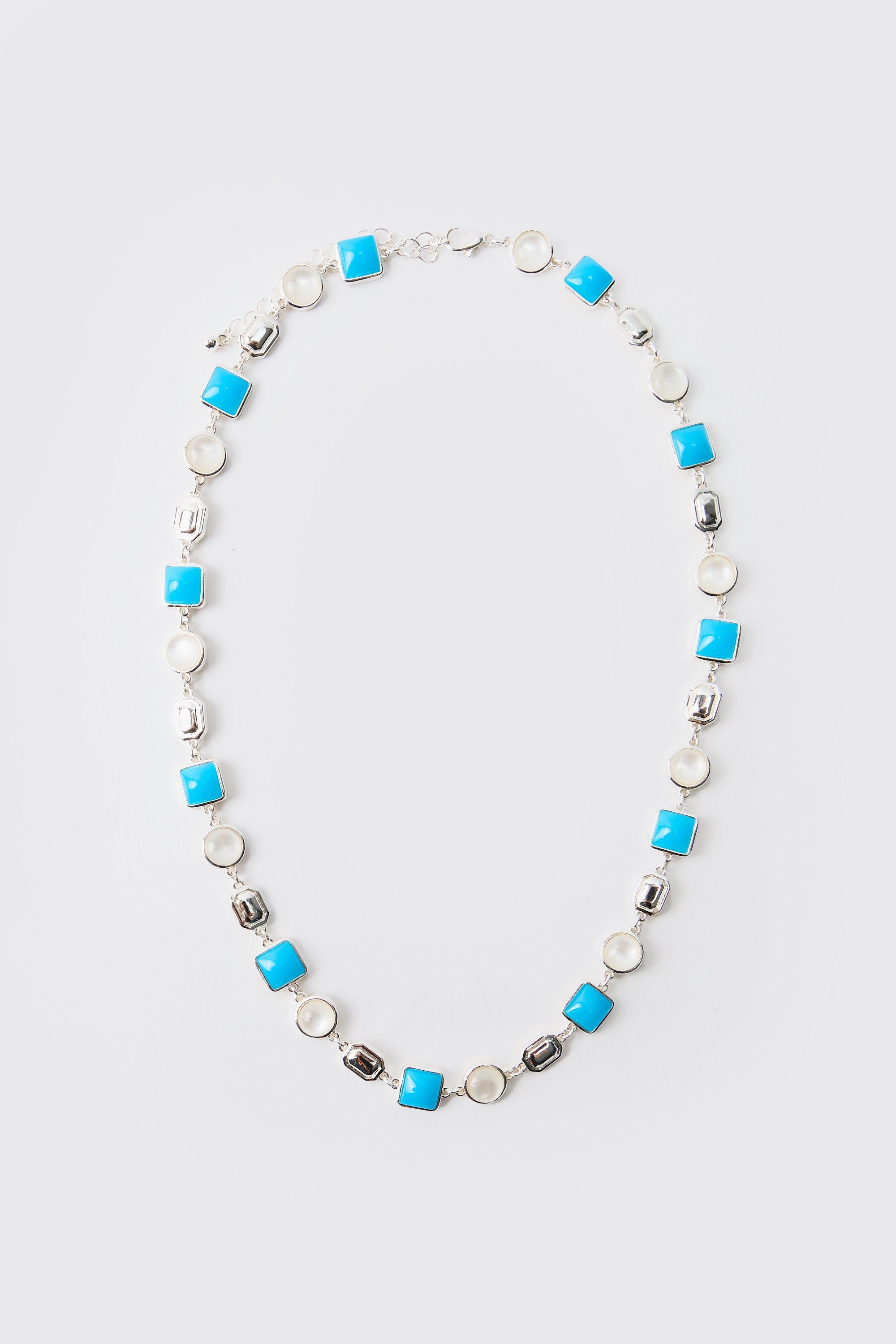 Mens Grey Charm Gem Link Necklace, Grey