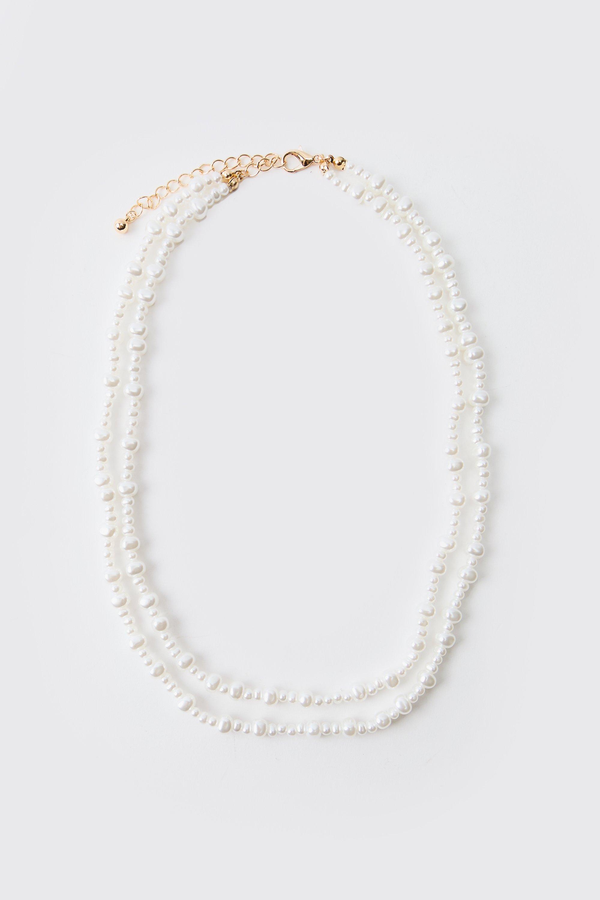 Mens White Layered Mock Pearl Necklace, White