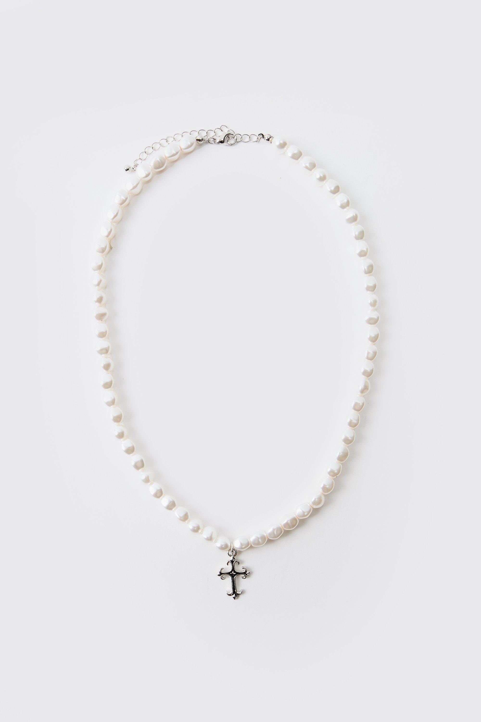 Mens White Gothic Cross Mock Pearl Necklace, White
