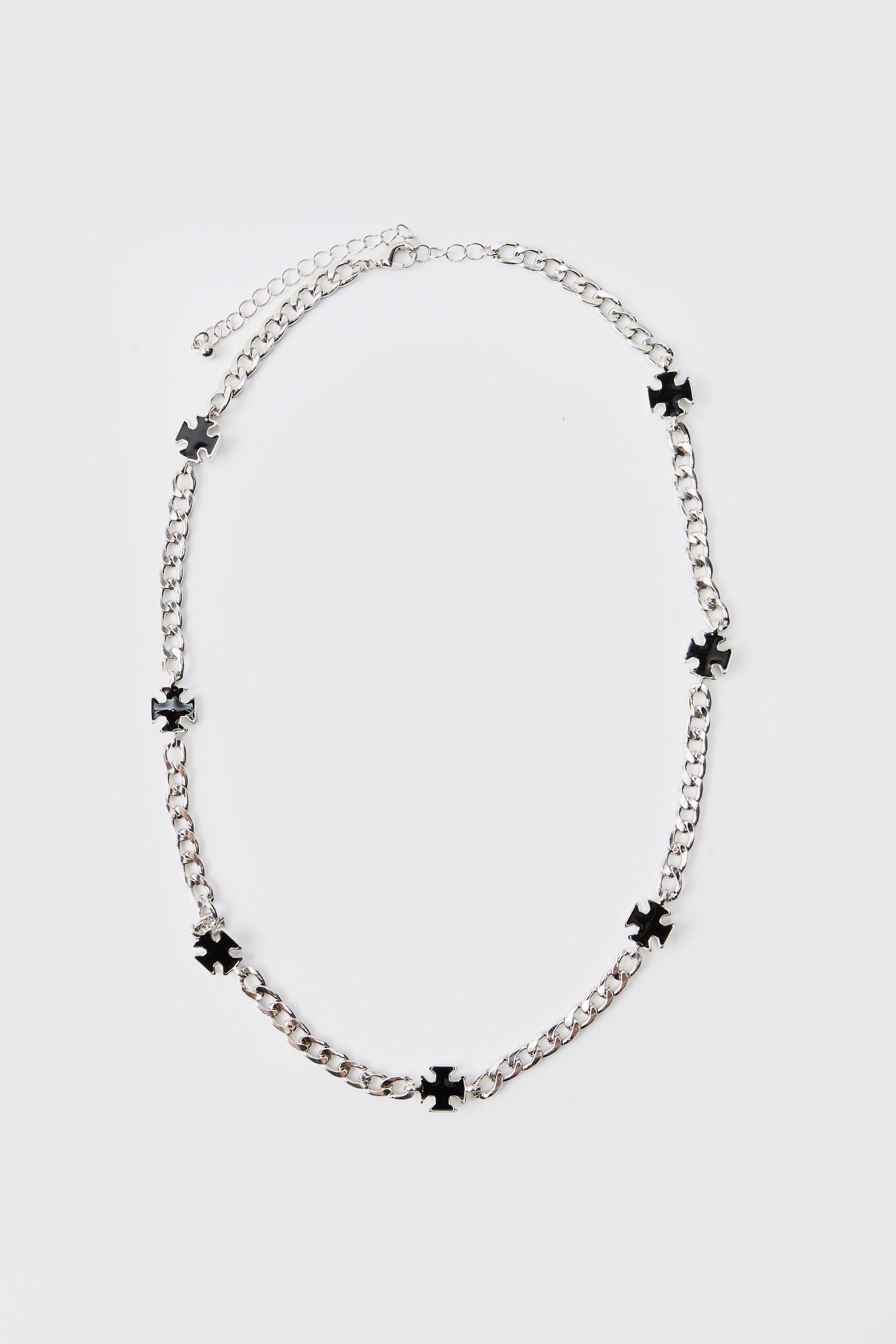 Mens Grey Cross Link Silver Necklace, Grey