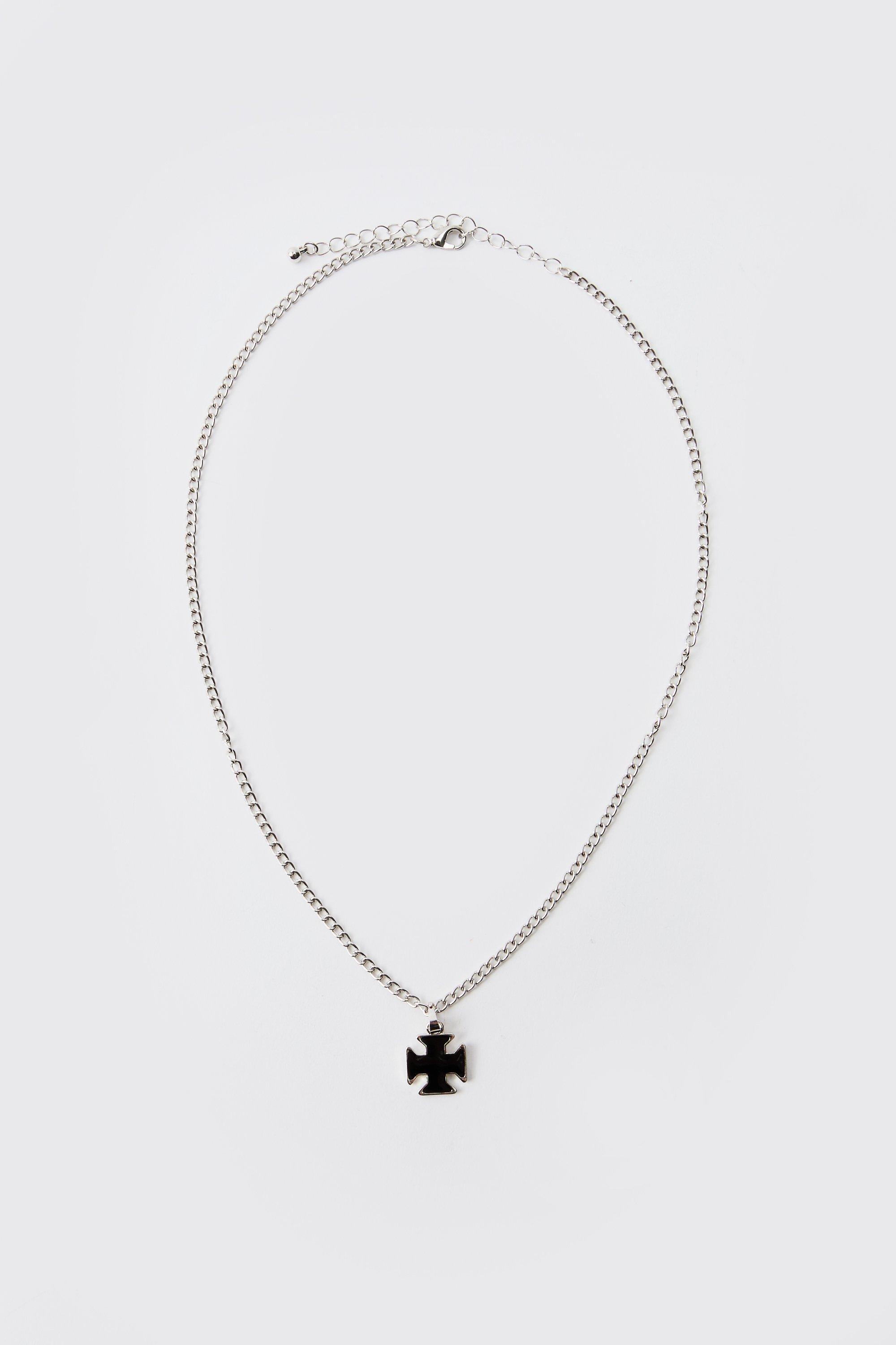 Mens Grey Cross Pendant Necklace In Silver, Grey