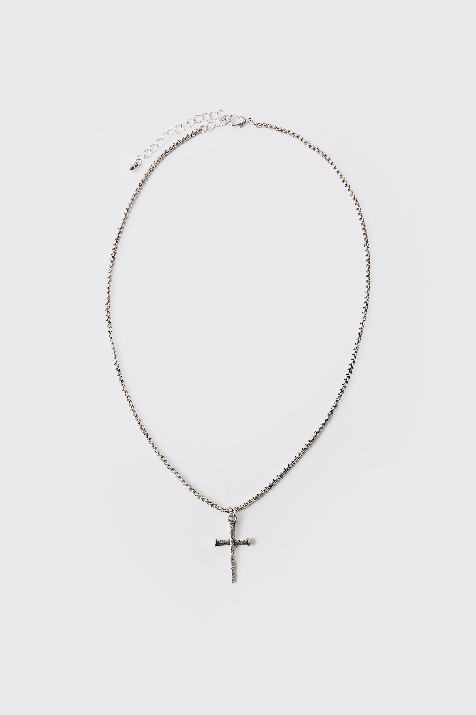 Mens Grey Gothic Cross Necklace in Silver, Grey