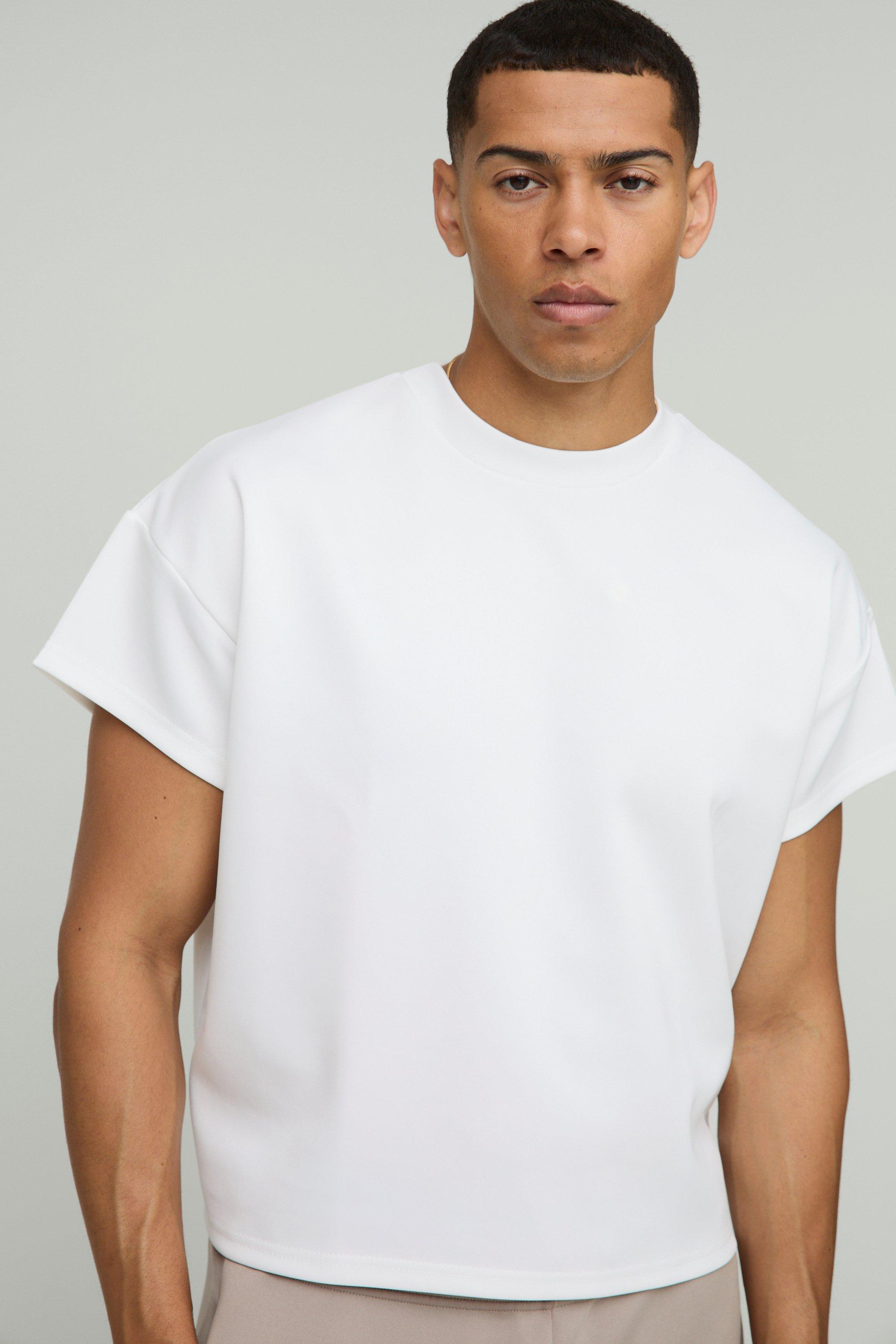 Mens Cream Oversized Shrunken Boxy Cap Sleeve Scuba T-Shirt, Cream