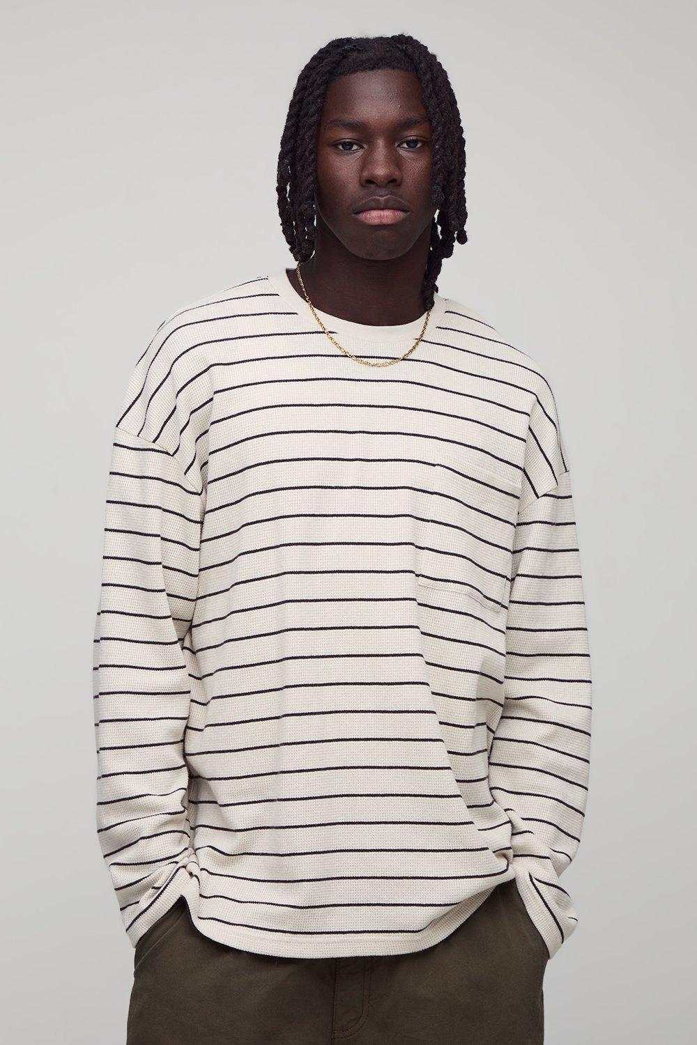 Mens Cream Oversized Striped Heavyweight Long Sleeve T-Shirt, Cream