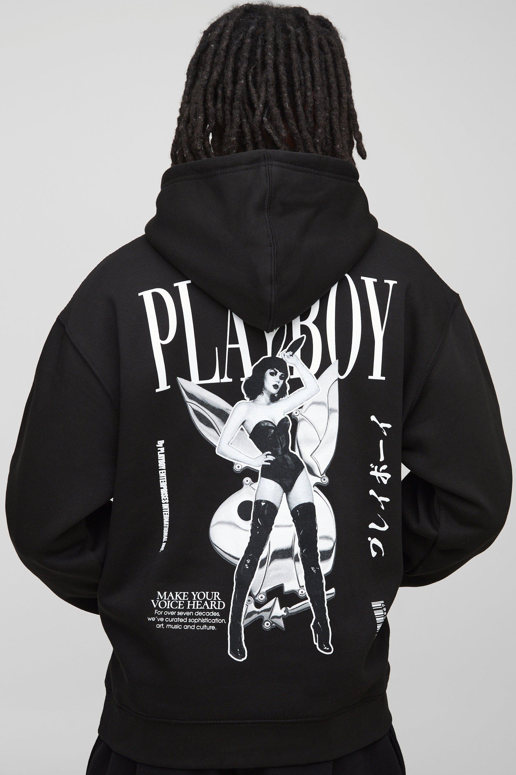 Mens Black Oversized Playboy License Hoodie, Black