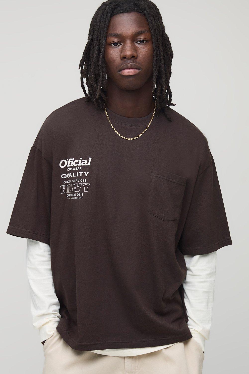 Mens Brown Oversized Boxy Official Pocket T-Shirt, Brown