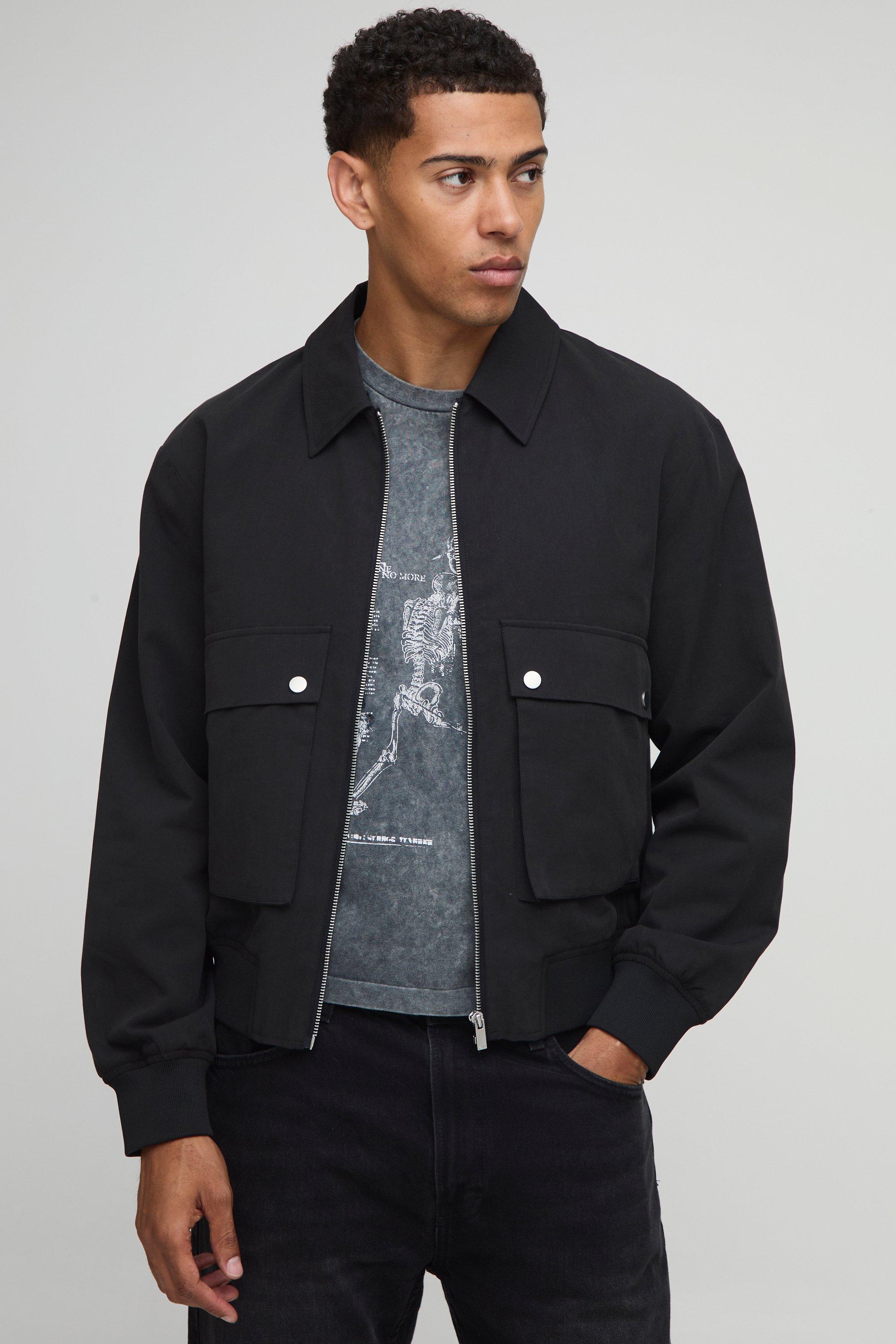 Mens Black Regular Fit Technical Utility Cargo Pocket Harrington Jacket, Black