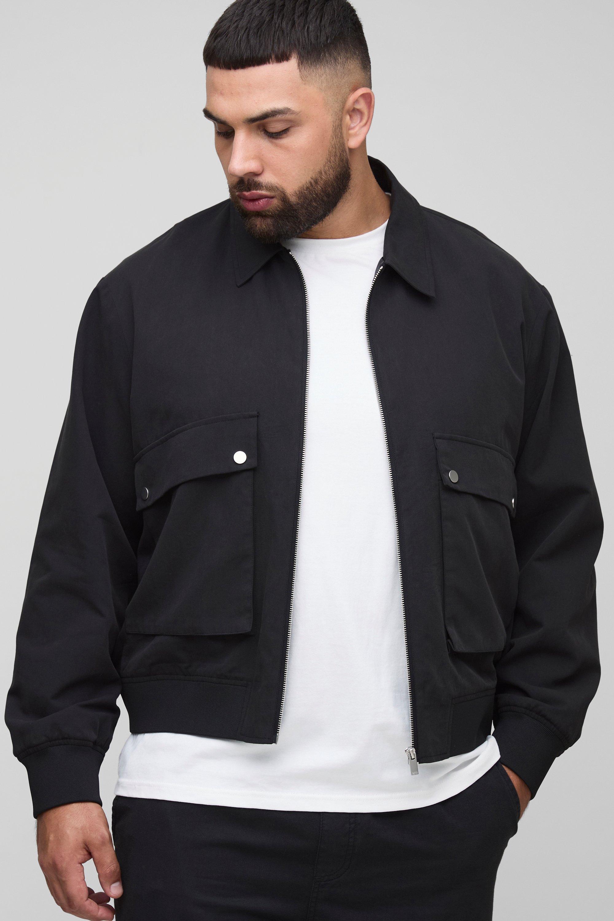 Mens Black Plus Boxy Technical Utility Cargo Pocket Harrington Jacket, Black
