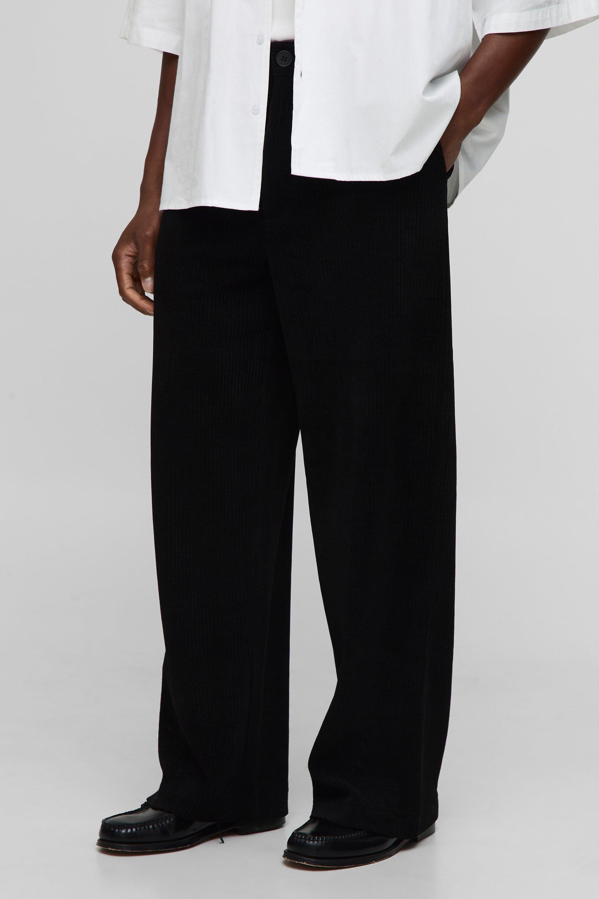 Mens Black Cord Tailored Relaxed Fit Trousers, Black