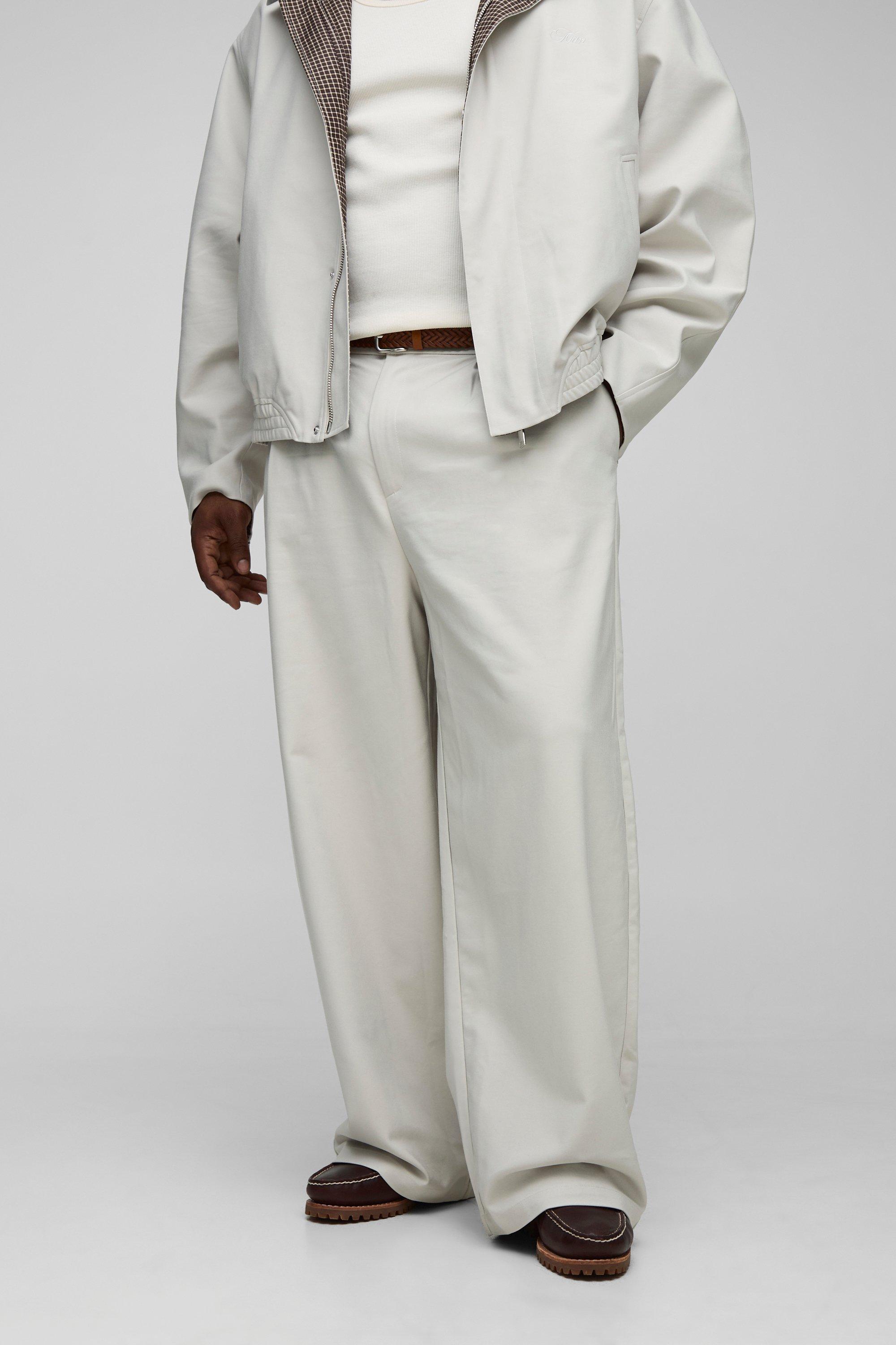 Mens Beige Plus Pleat Front Wide Leg Trousers, Beige