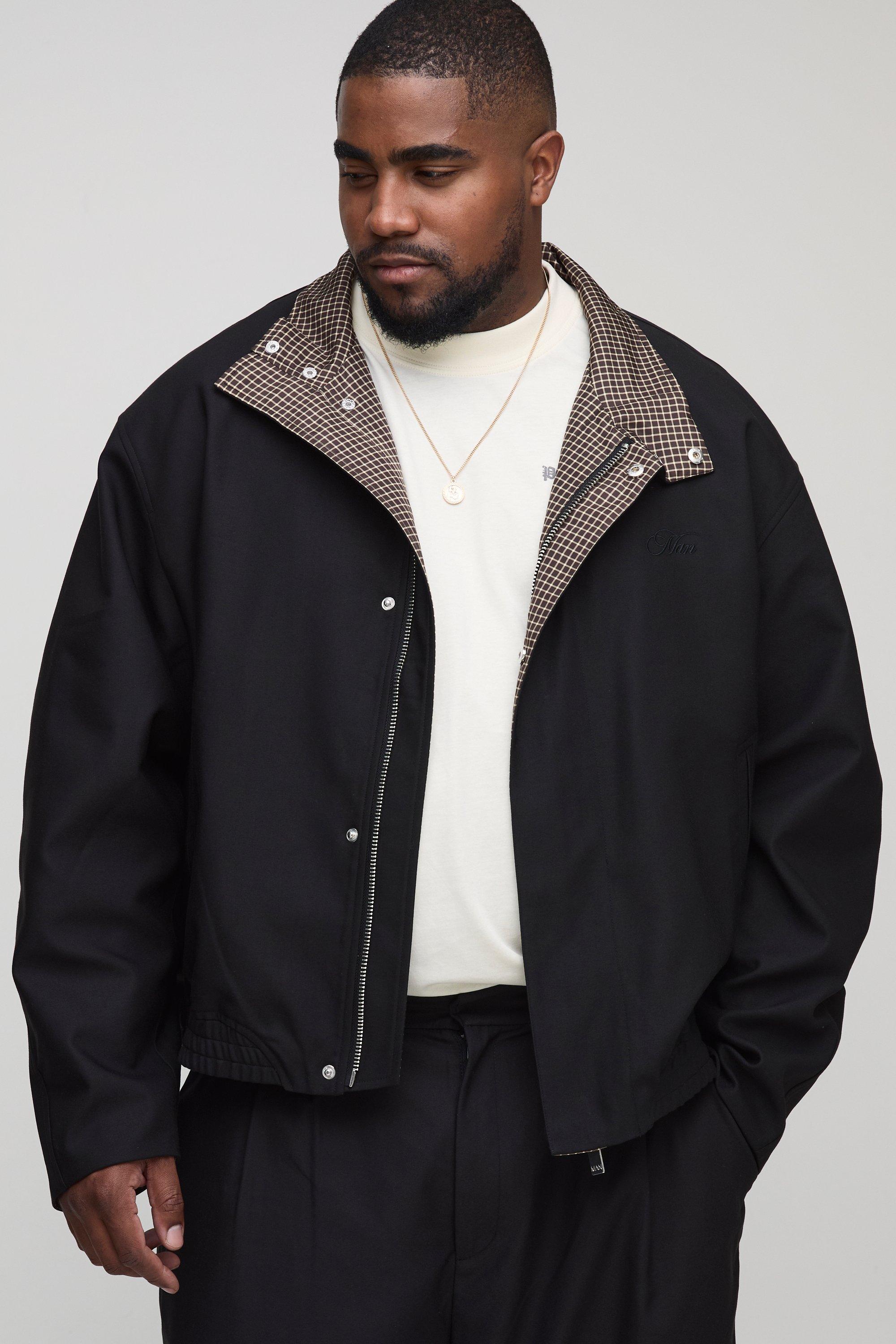 Mens Black Plus Embroidered Funnel Neck Track Jacket, Black
