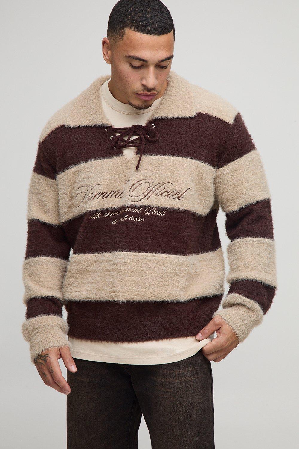Mens Brown Regular Fit Hockey Embroidered Extreme Fluffy Knitted Jumper, Brown