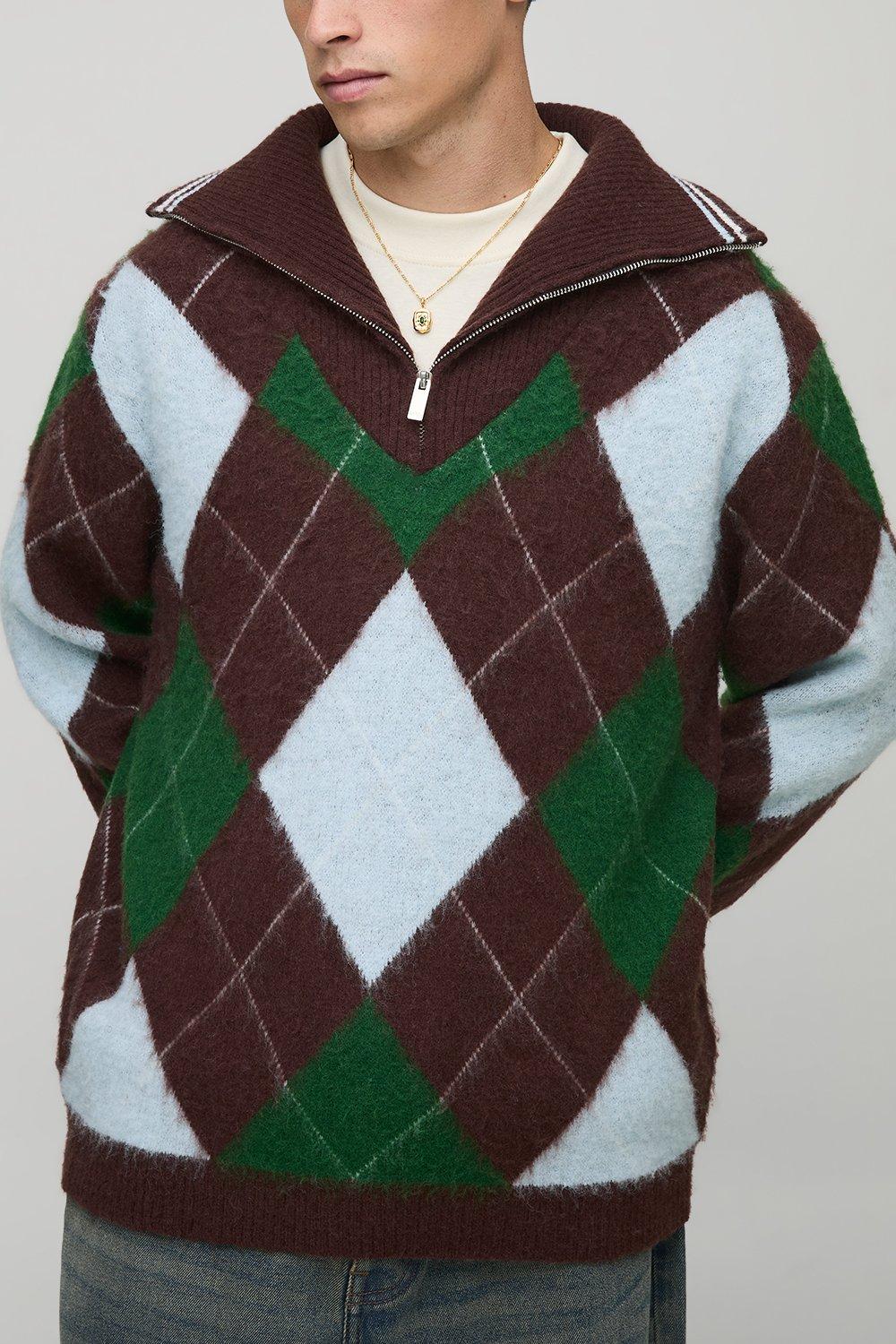 Mens Brown Regular Fit 1/4 Zip Funnel Neck Diamond Argyle Knitted jumper, Brown