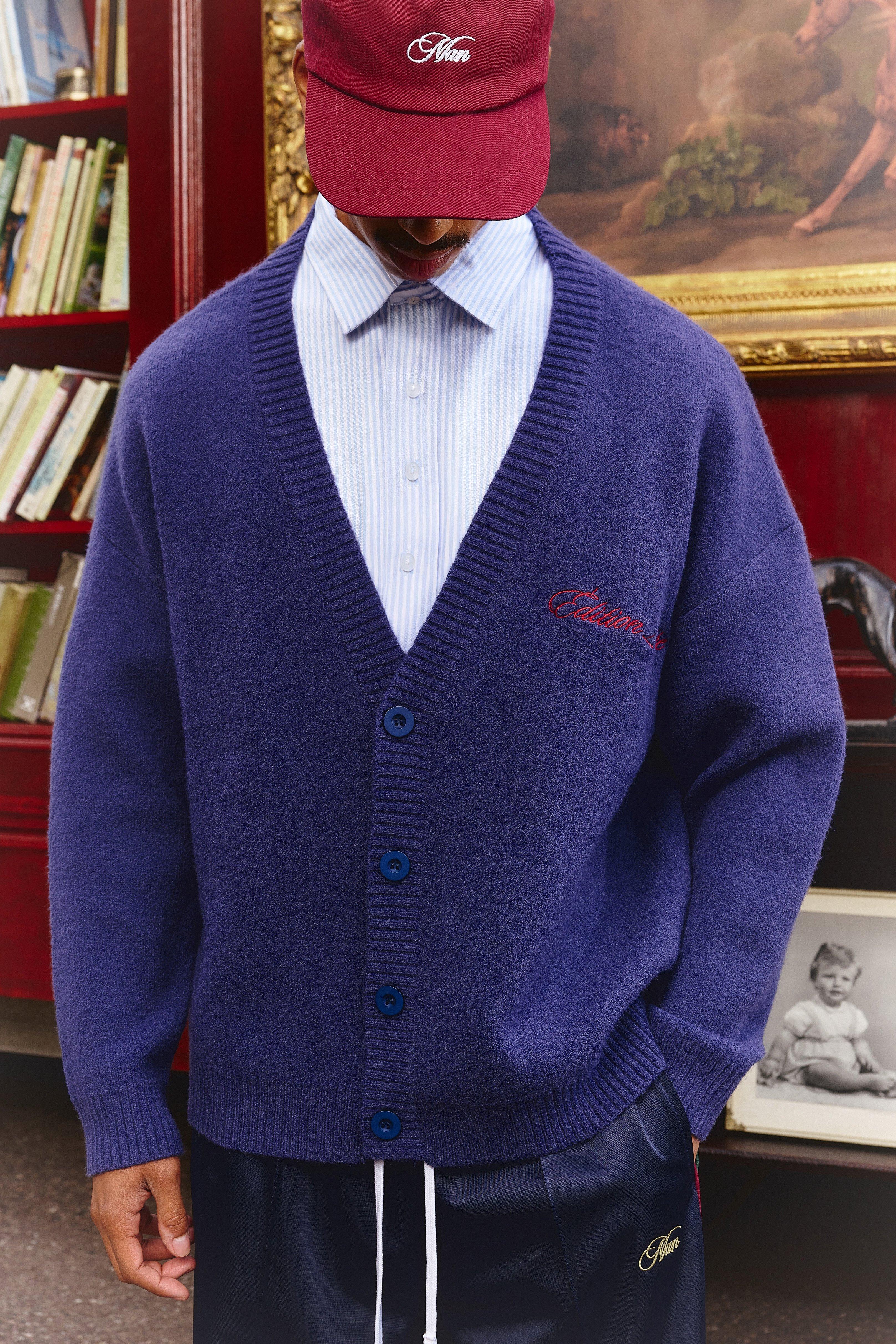 Mens Navy Oversized Dropped Shoulder Varsity Applique Knitted Cardigan, Navy